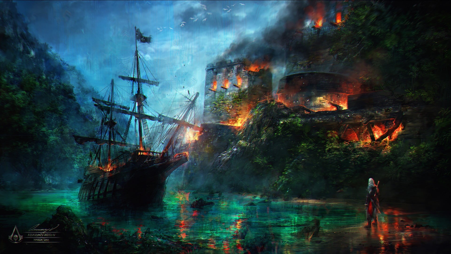 water, environment, video games, fire - Natural Phenomenon, accidents and disasters, outdoors, sea, sign, burning, assassins, glowing, tree, HD Wallpaper