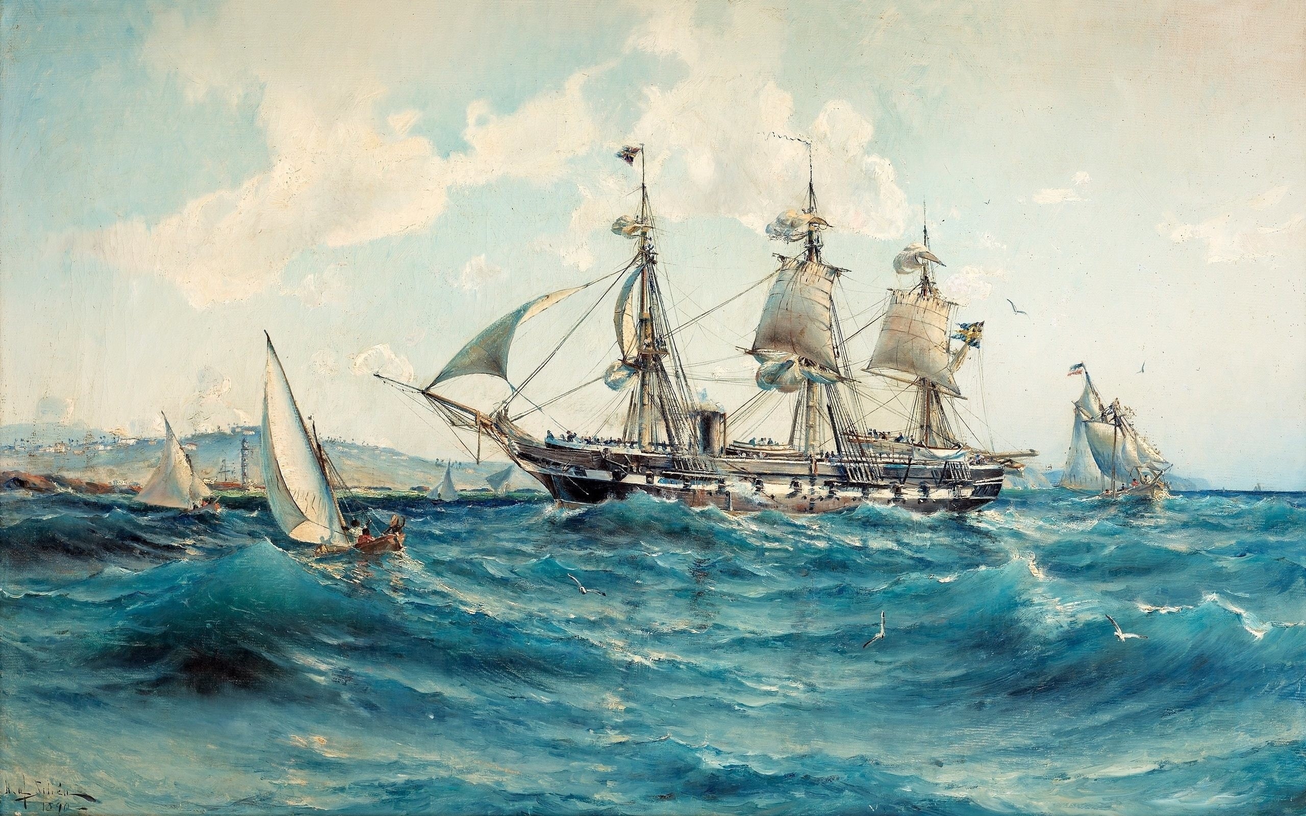 sea, classic art, painting, artwork, 2K, ship, HD Wallpaper
