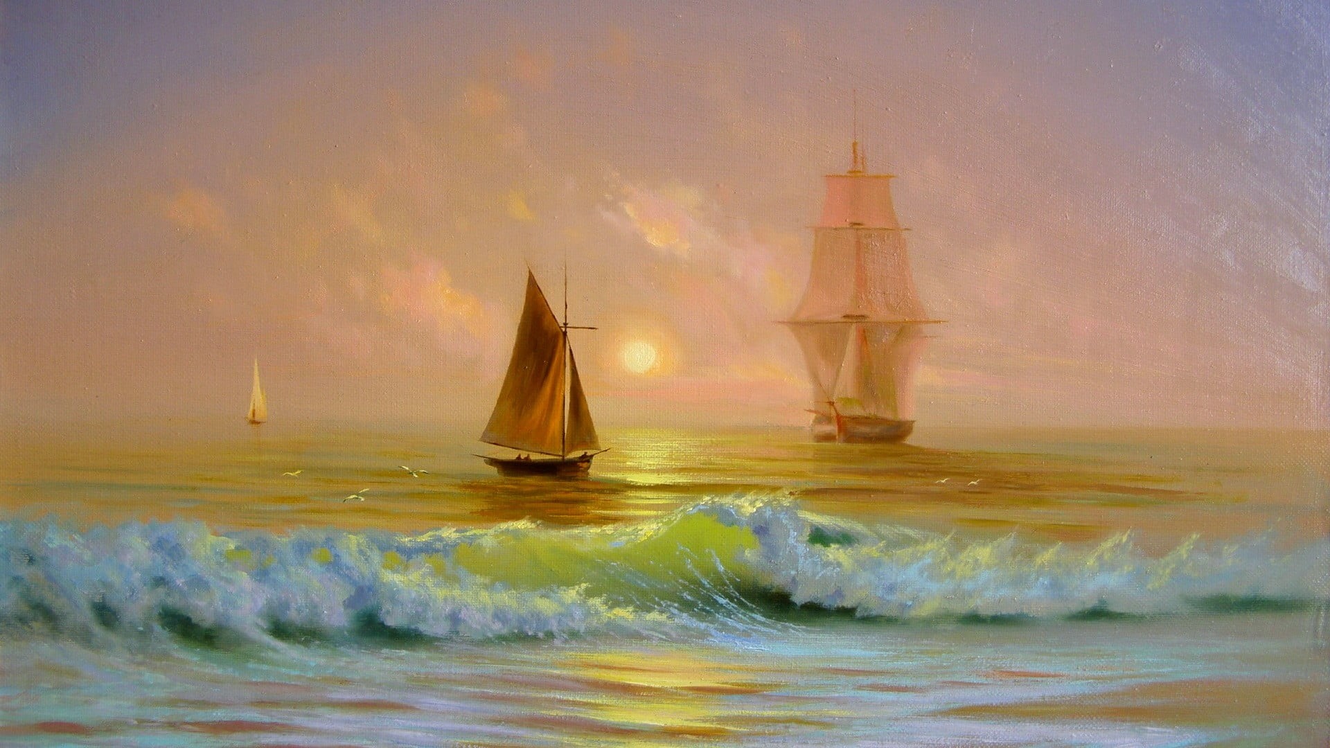 scenics - nature, painting, motion, 1080P, yacht, sport, water, transportation, power in nature, ship, nautical vessel, nature, cloud - sky, three, boat, HD Wallpaper