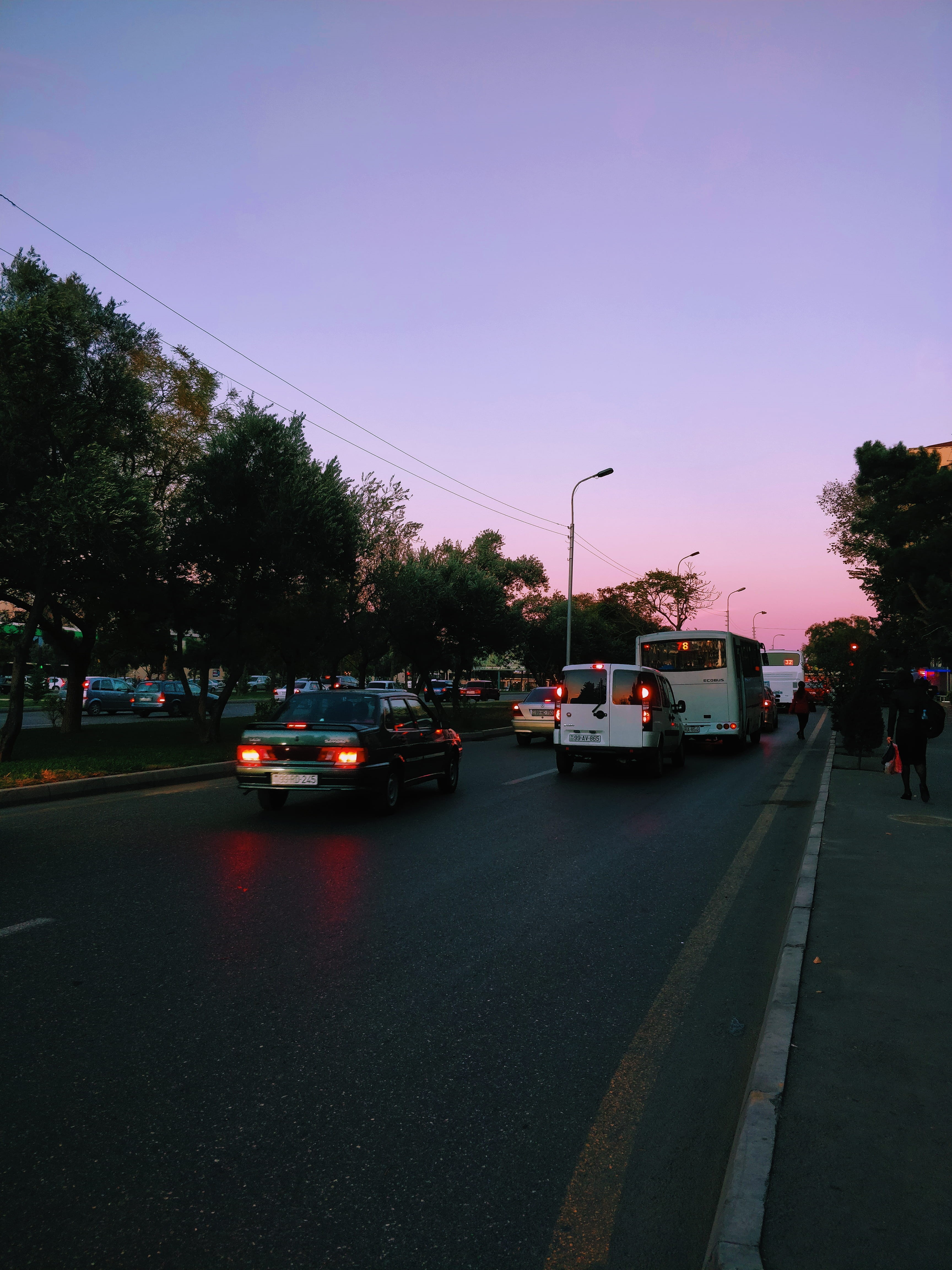 land vehicle, sky, dusk, on the move, direction, aesthetic, azerbaijan, pink, mode of transportation, motor vehicle, road, architecture, nature, outdoors, Phone HD Wallpaper