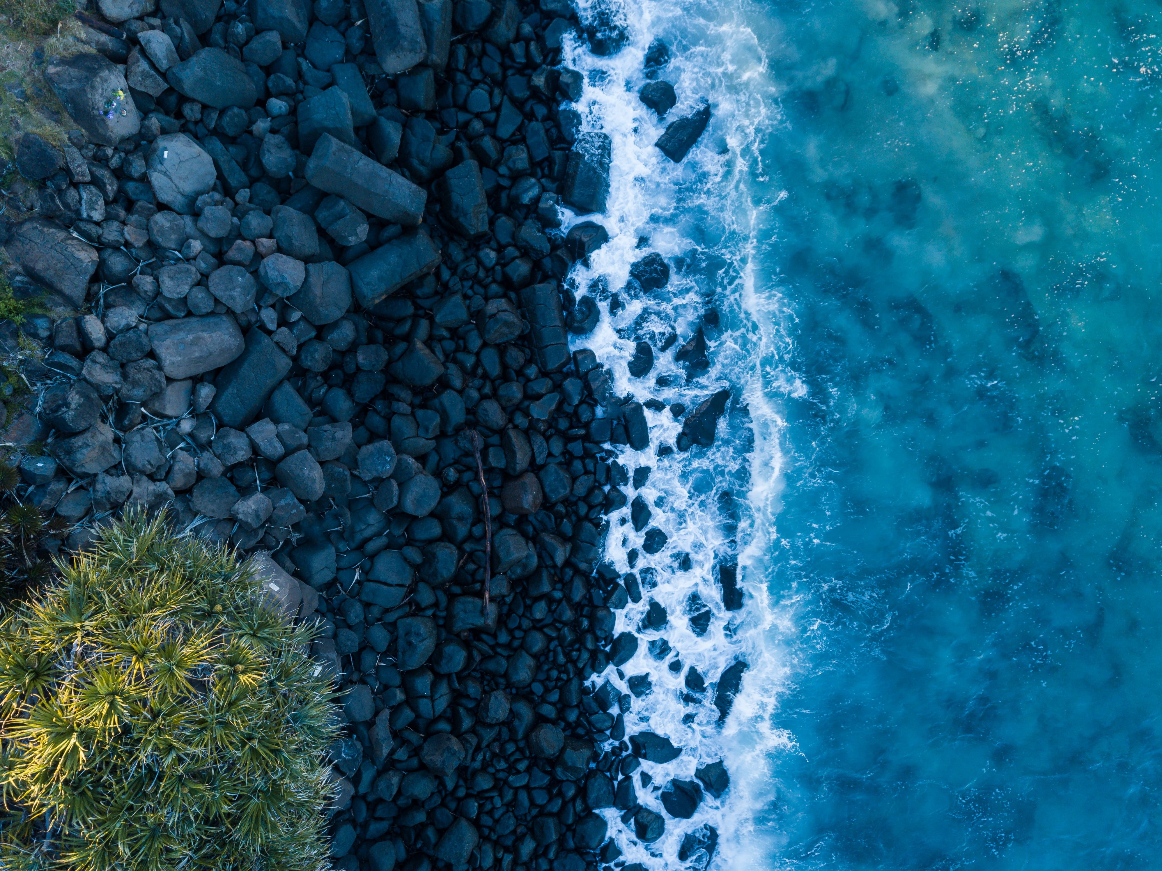 shore, no people, sport, rock, rocks, blue, body, pebble, day, drone shot, directly above, solid, rock - object, 4K, ocean, from above, beauty in nature, HD Wallpaper
