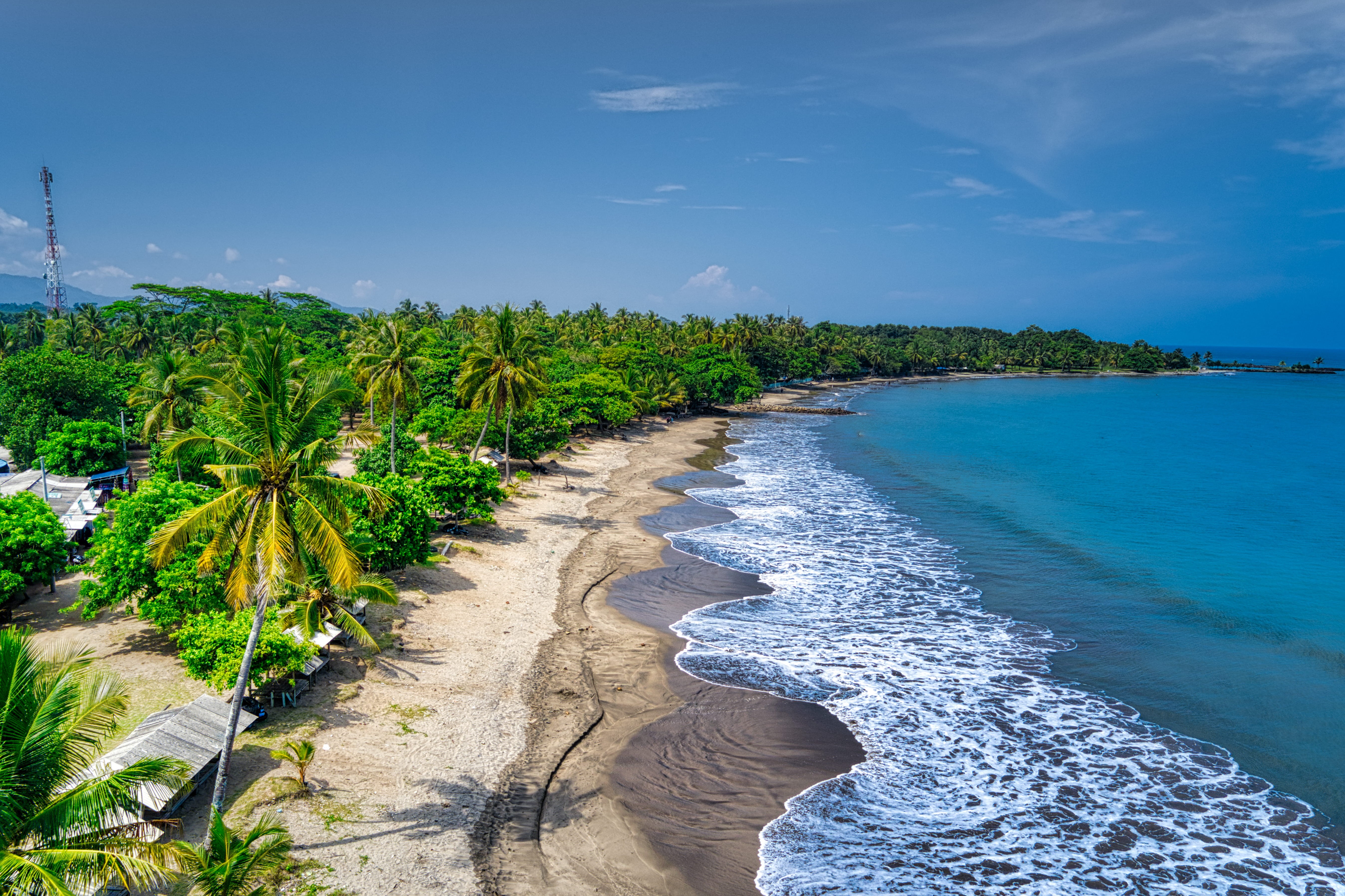 beach, drone view, fair weather, eye, blue sky, land, scenery, environment, coast, seaside, nature, tropical, blue, sunlight, birds eye view, tranquil scene, HD Wallpaper