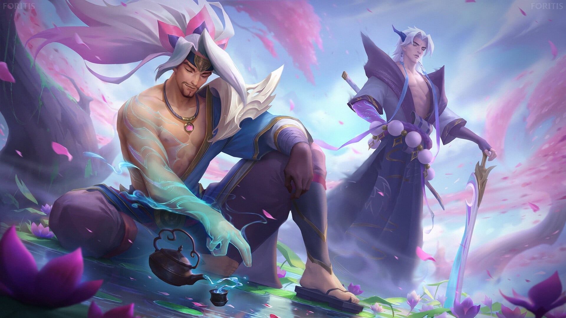 drawing, Foritis Wong, Yasuo, League of Legends, Yasuo (League of Legends), pink, flowers, magic, petals, weapon, Yone (League of Legends), warrior, 1080P, HD Wallpaper