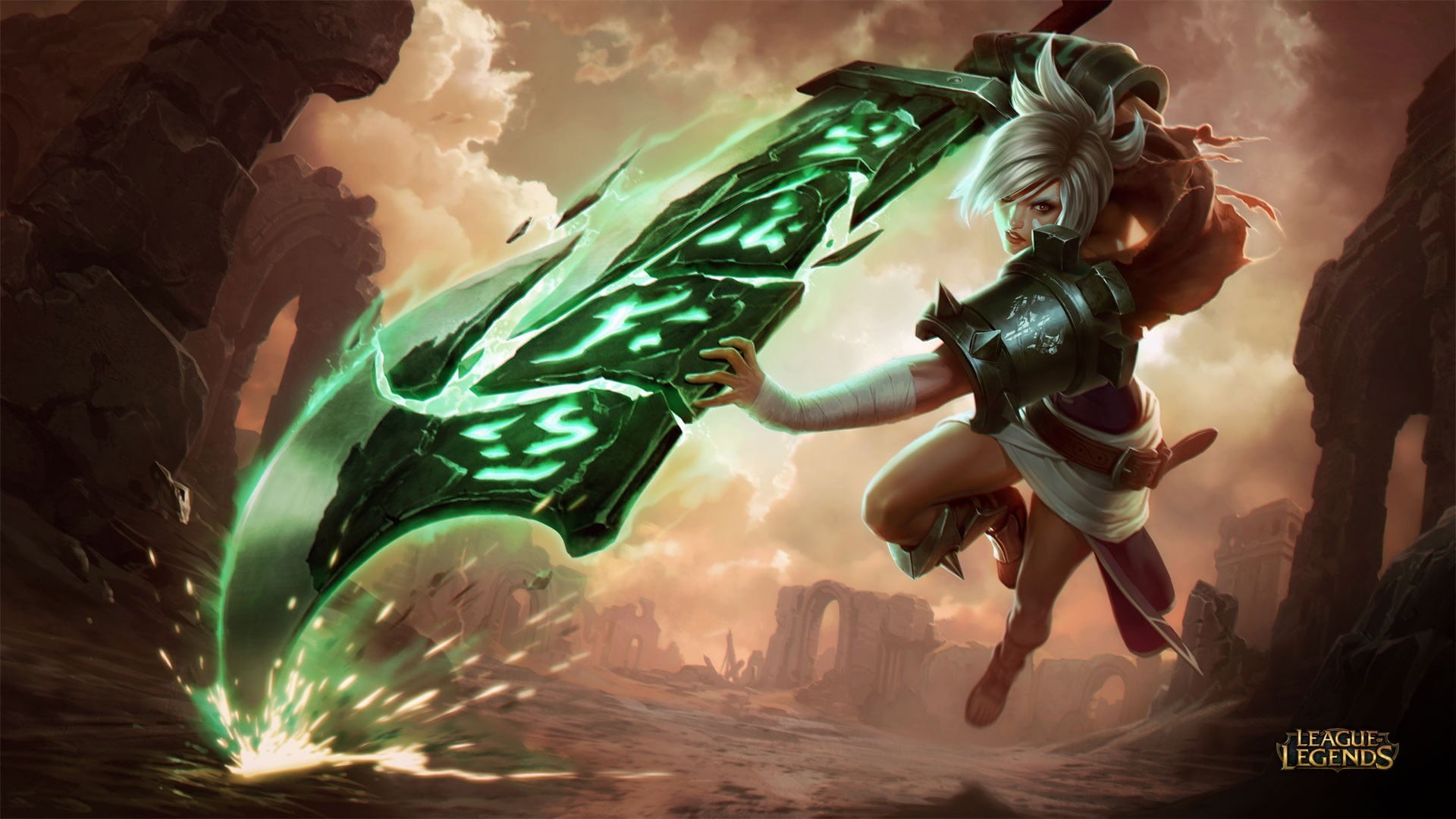 sword, nature, legends, sea, low angle view, cloud - sky, fantasy, no people, Riven, representation, green color, motion, creativity, freedom, league, League of Legends, HD Wallpaper
