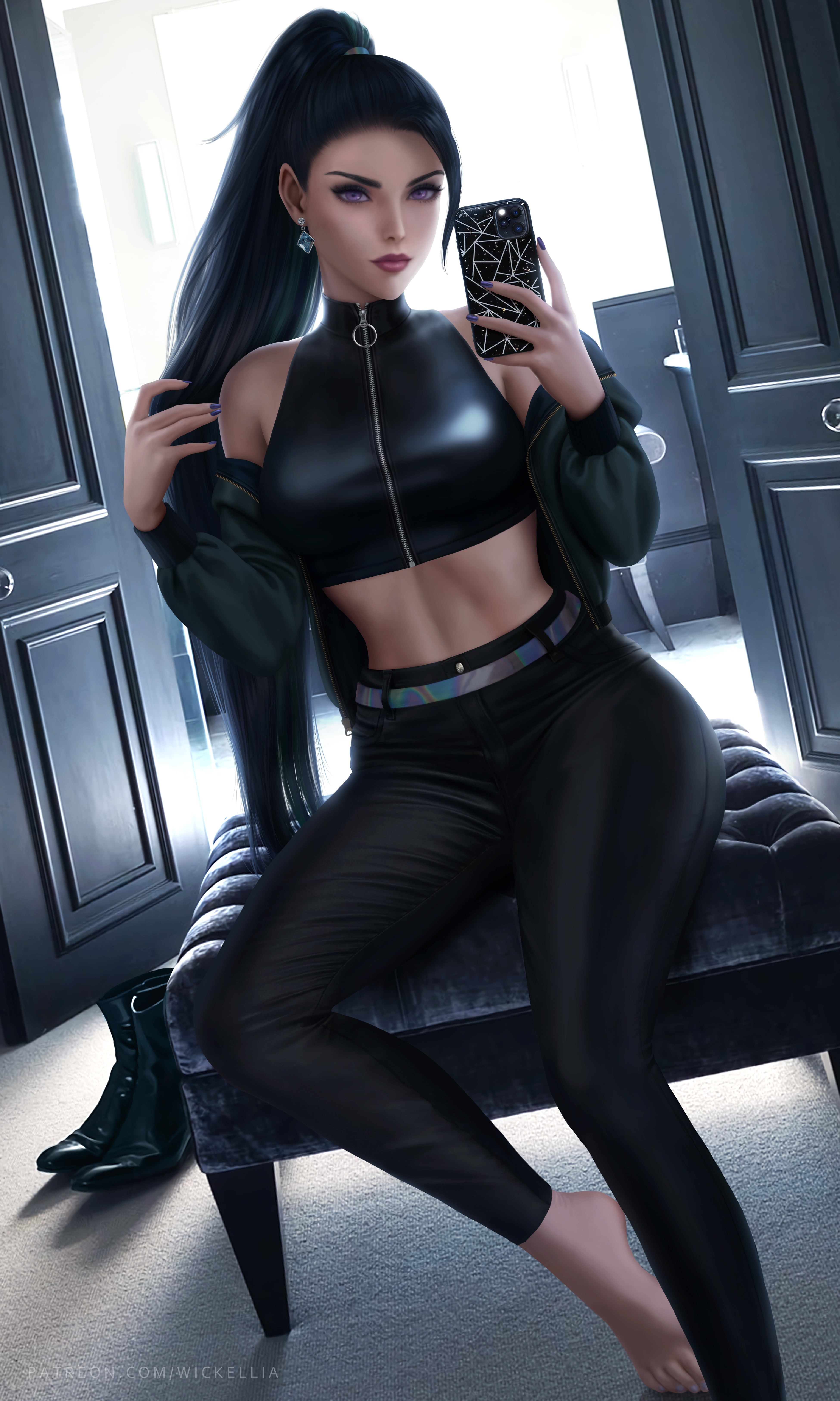 fantasy art, drawing, artwork, digital art, black hair, belly, thighs, video games, illustration, women, looking at viewer, KaiSa(League of Legends), League of Legends, Phone HD Wallpaper