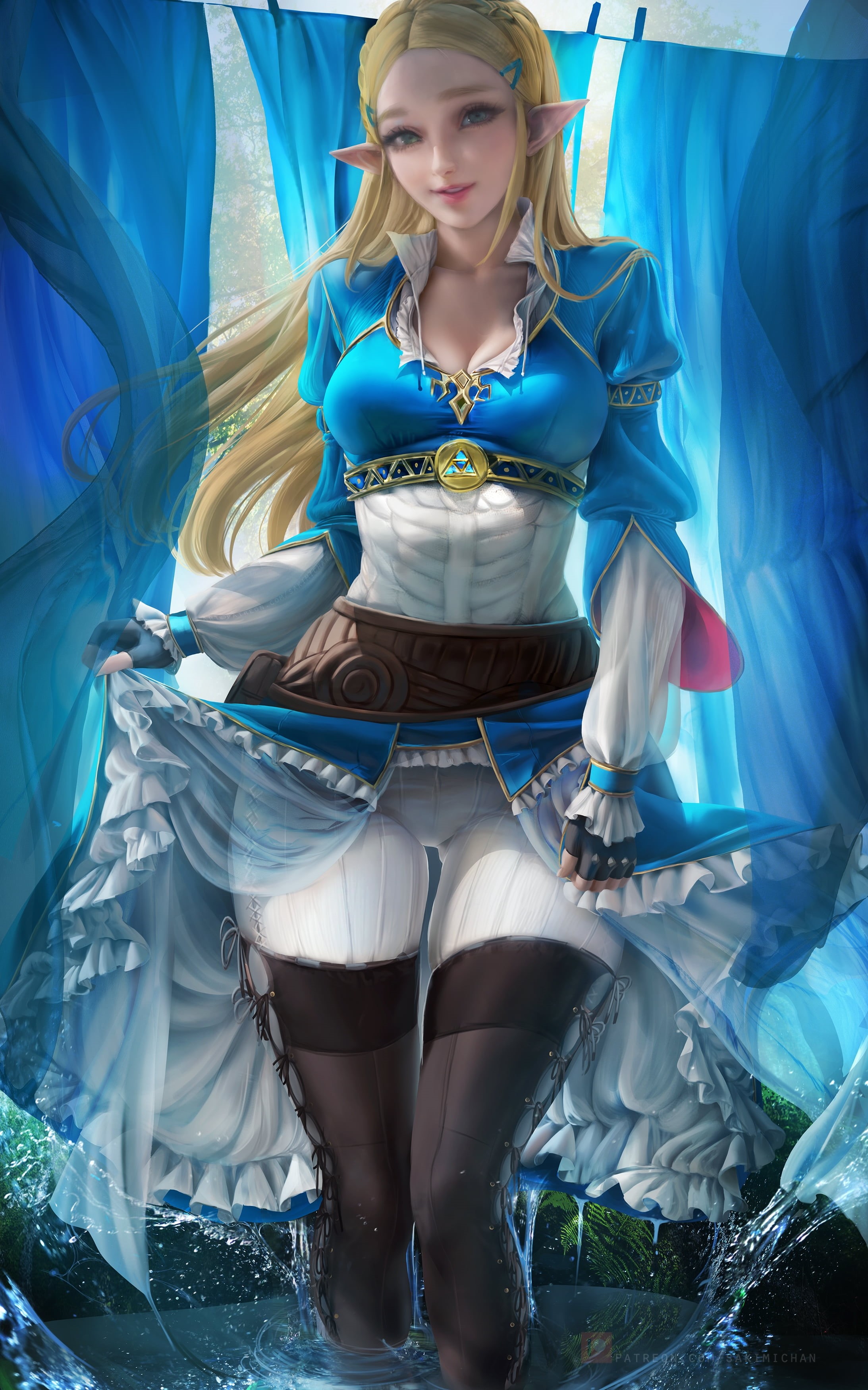 Princess Zelda, pants, cleavage, digital art, looking at viewer, blue, dress, fan art, elves, The Legend of Zelda: Breath of the Wild, illustration, The Legend of Zelda, Phone HD Wallpaper