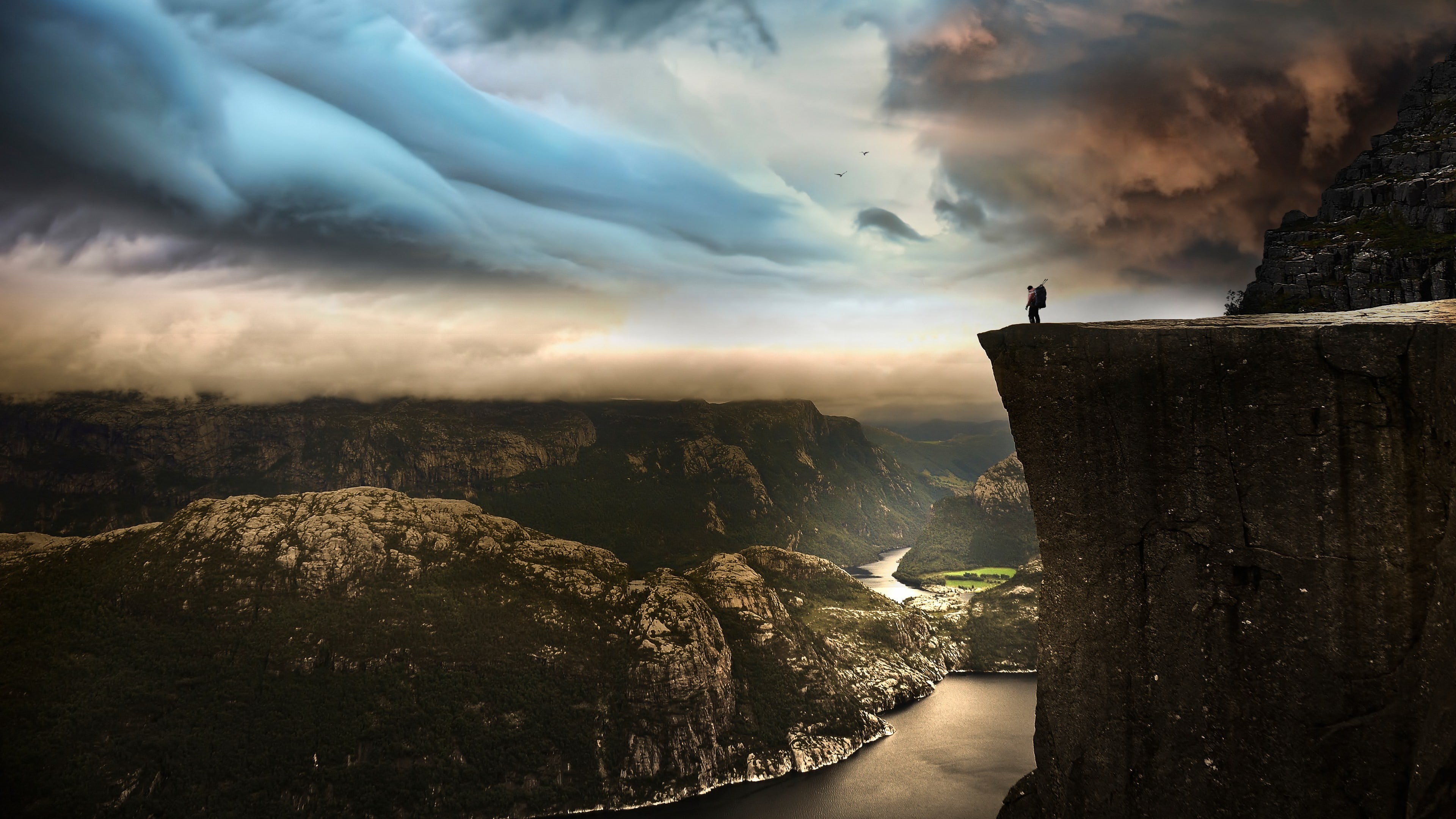 sky, mountains, nature, outdoors, rock, dusk, journey, clouds, land, tourism, mist, Norway, adventure, cloudscape, mountain, valley, men, people, famous Place, HD Wallpaper