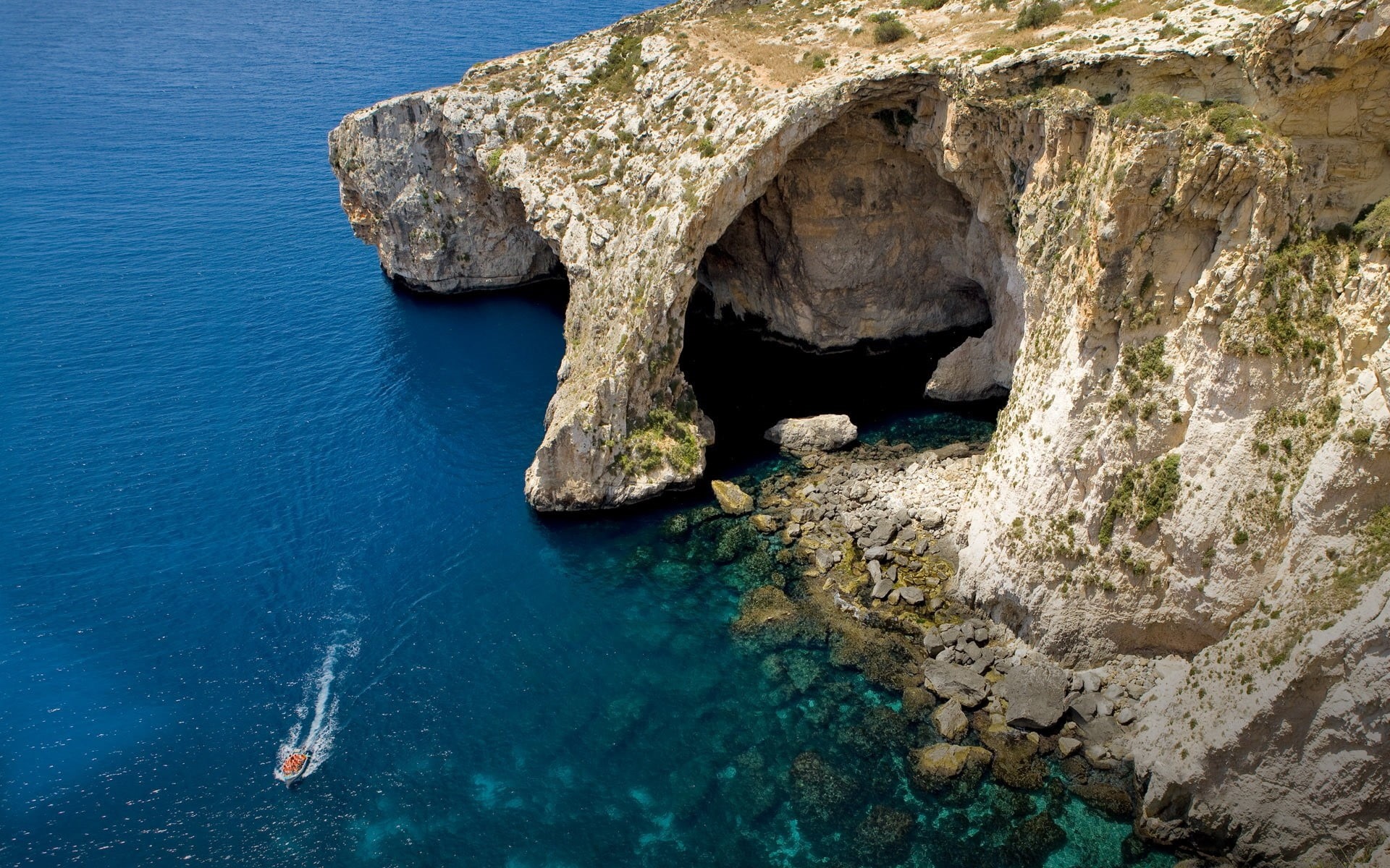 boat, brown, geology, rock, beauty in nature, eroded, rock - object, water, sea, blue, cave, tranquility, day, Malta, beach, land, tranquil scene, nature, HD Wallpaper