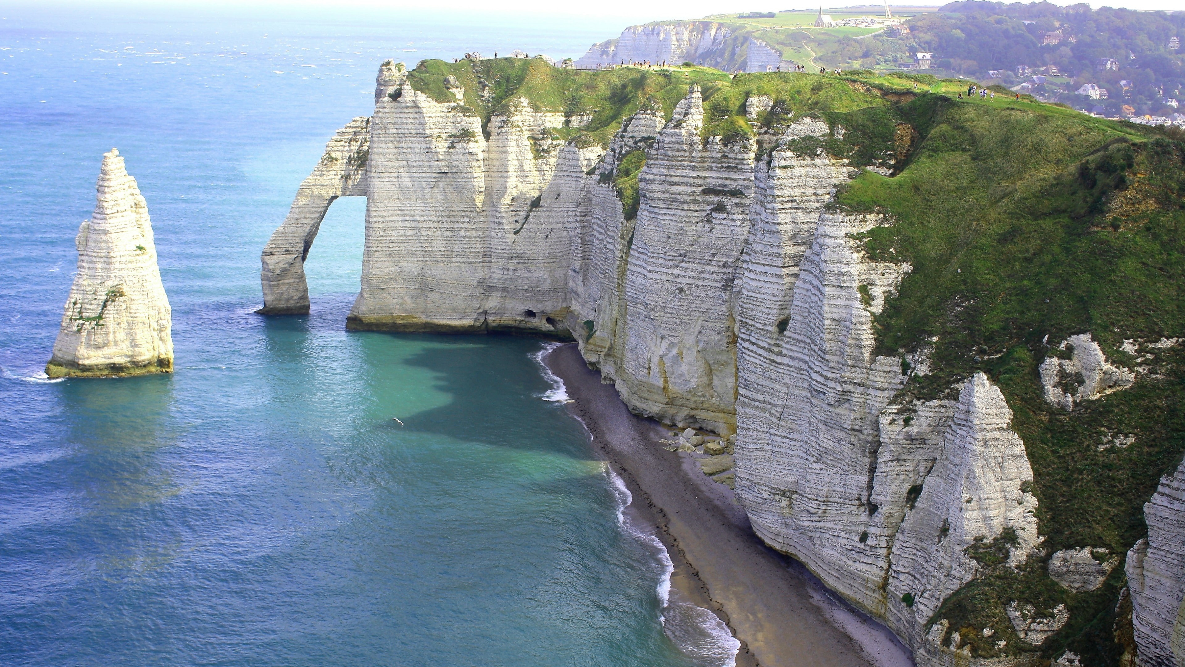 4K, rock formation, etretat, stack, sea, promontory, headland, water, cliff, arch, natural arch, rock, escarpment, bay, cape, klippe, aval cliff, coast, HD Wallpaper