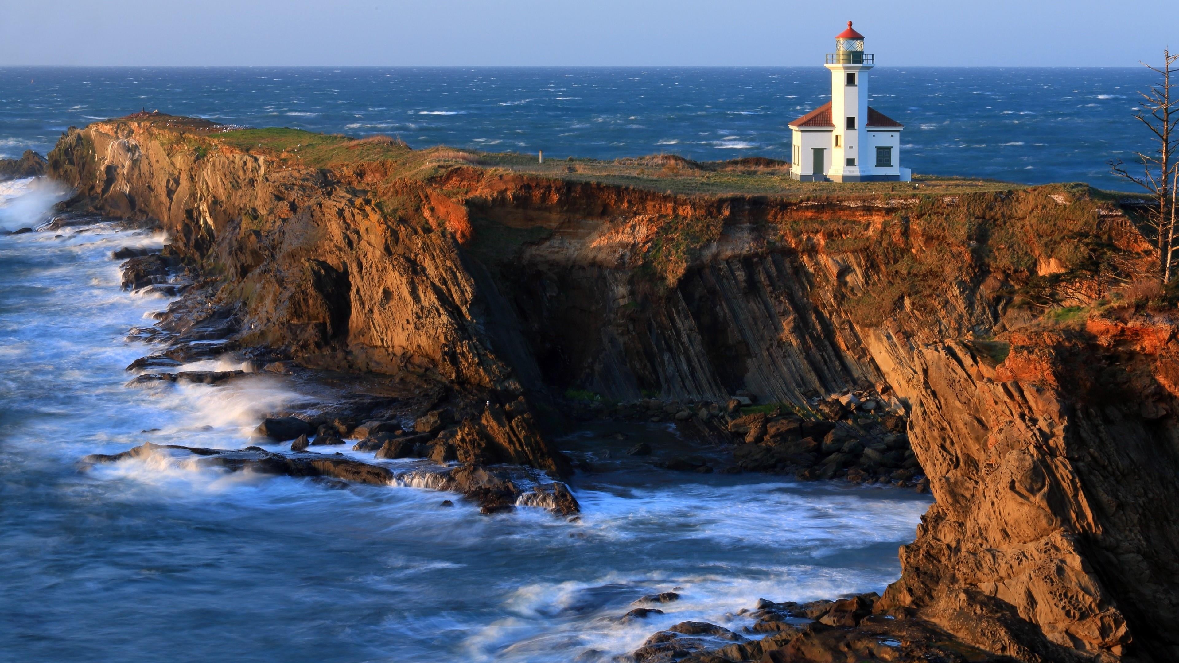 tower, rock - object, oregon, wave, cape arago lighthouse, nature, horizon over water, building, lighthouse, headland, building exterior, land, cliff, horizon, HD Wallpaper