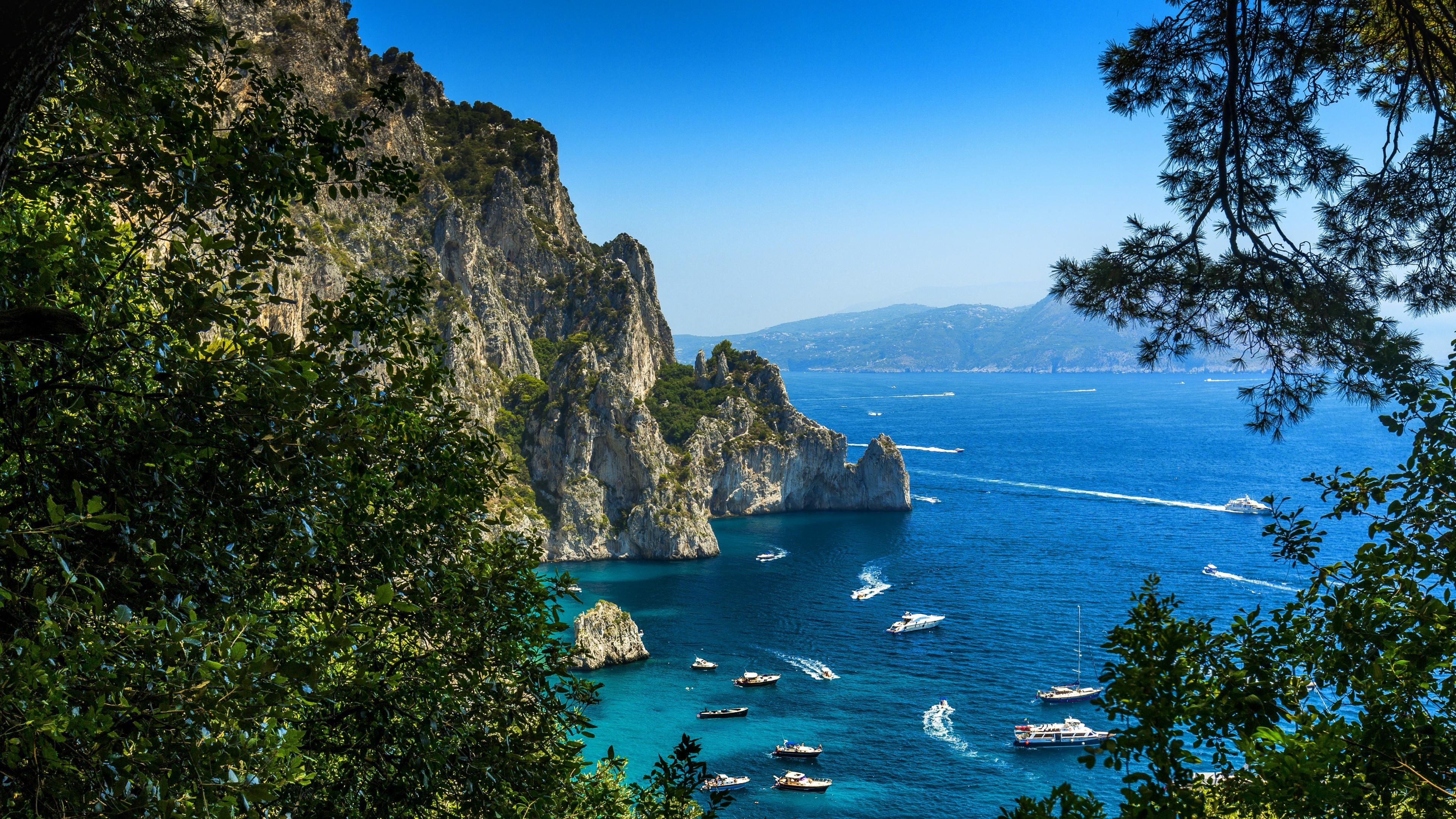 rock, blue sea, italy, bay, promontory, sky, napoli, coast, cliff, sea, 4K, water, terrain, europe, tree, nature, vegetation, mediterranean sea, mount scenery, HD Wallpaper