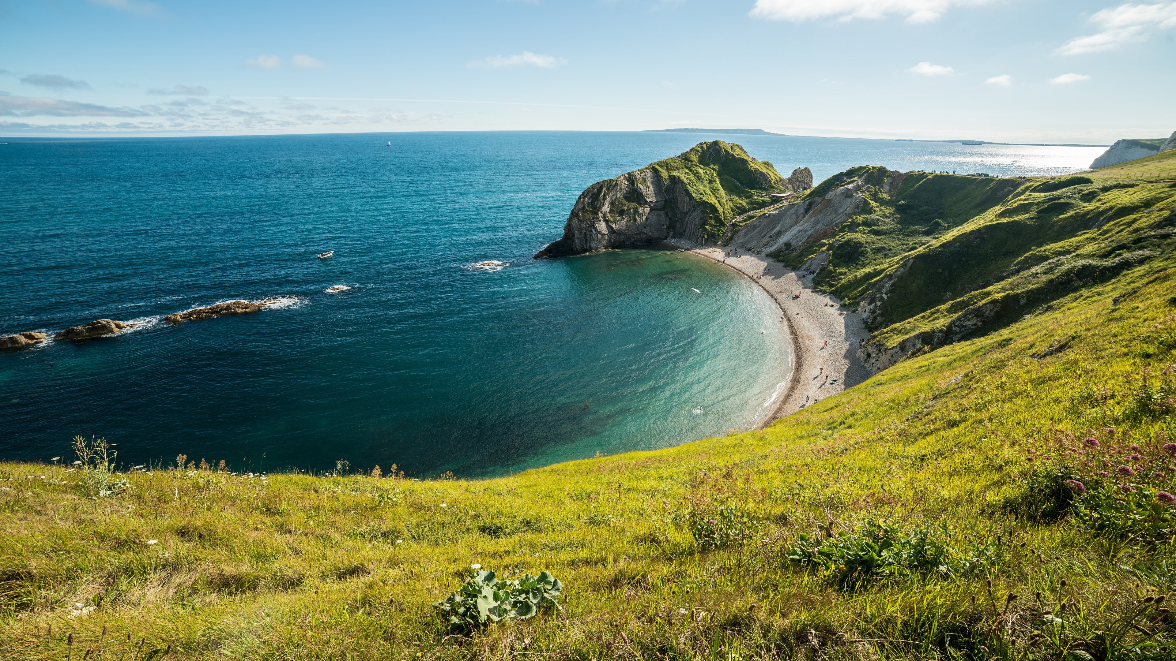 united kingdom, cove, coast, sky, promontory, lulworth, shore, grass, west lulworth, wareham, ocean, water, bay, jurassic coast, 4K, headland, sea, cape, HD Wallpaper