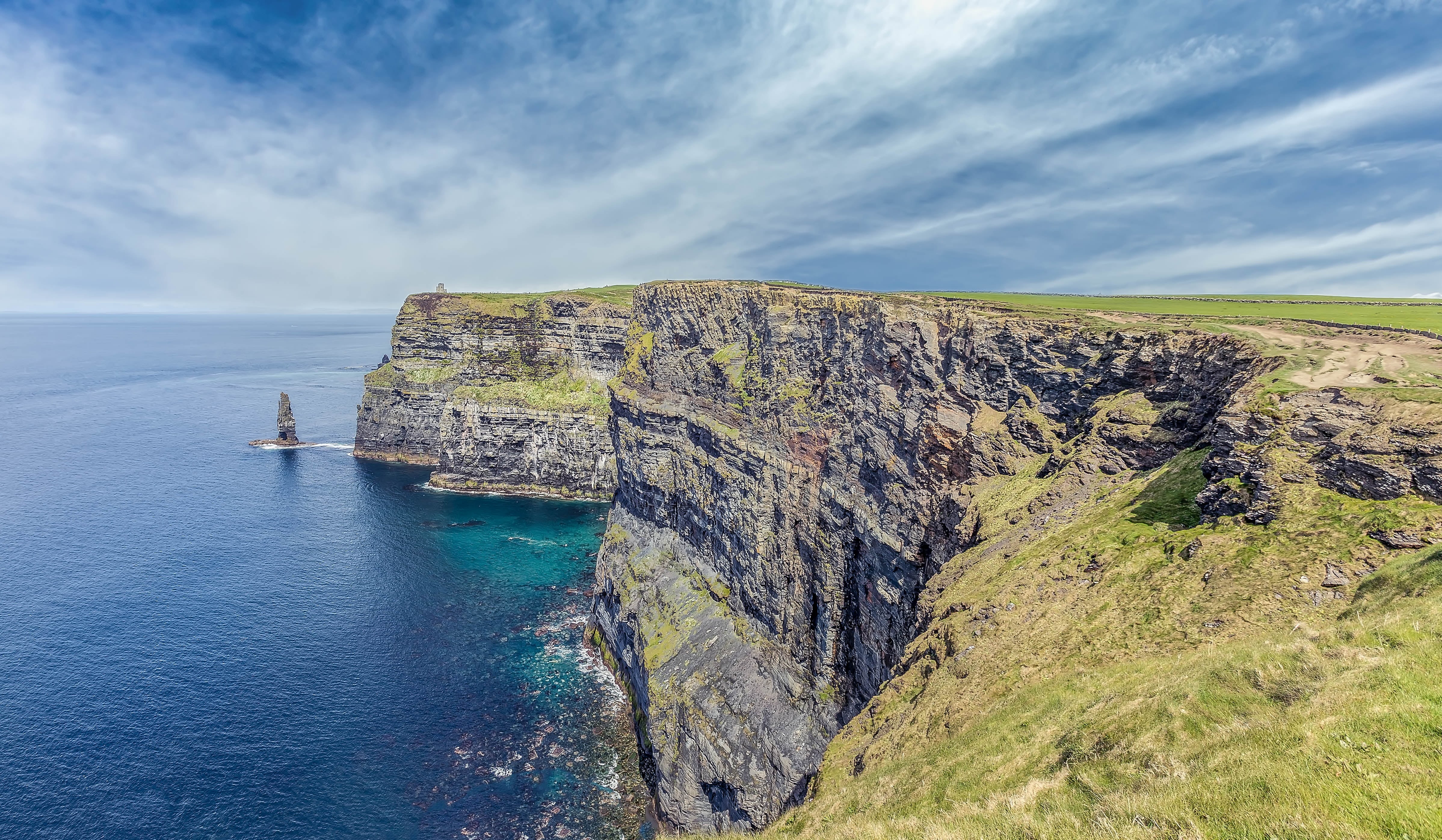 landscape, blue  sky, cliff, scenics, Nature, body of water, body, ocean, sea, Ireland, green, coastline, Cliffs of Moher, rock - Object, atlantic Ocean, HD Wallpaper