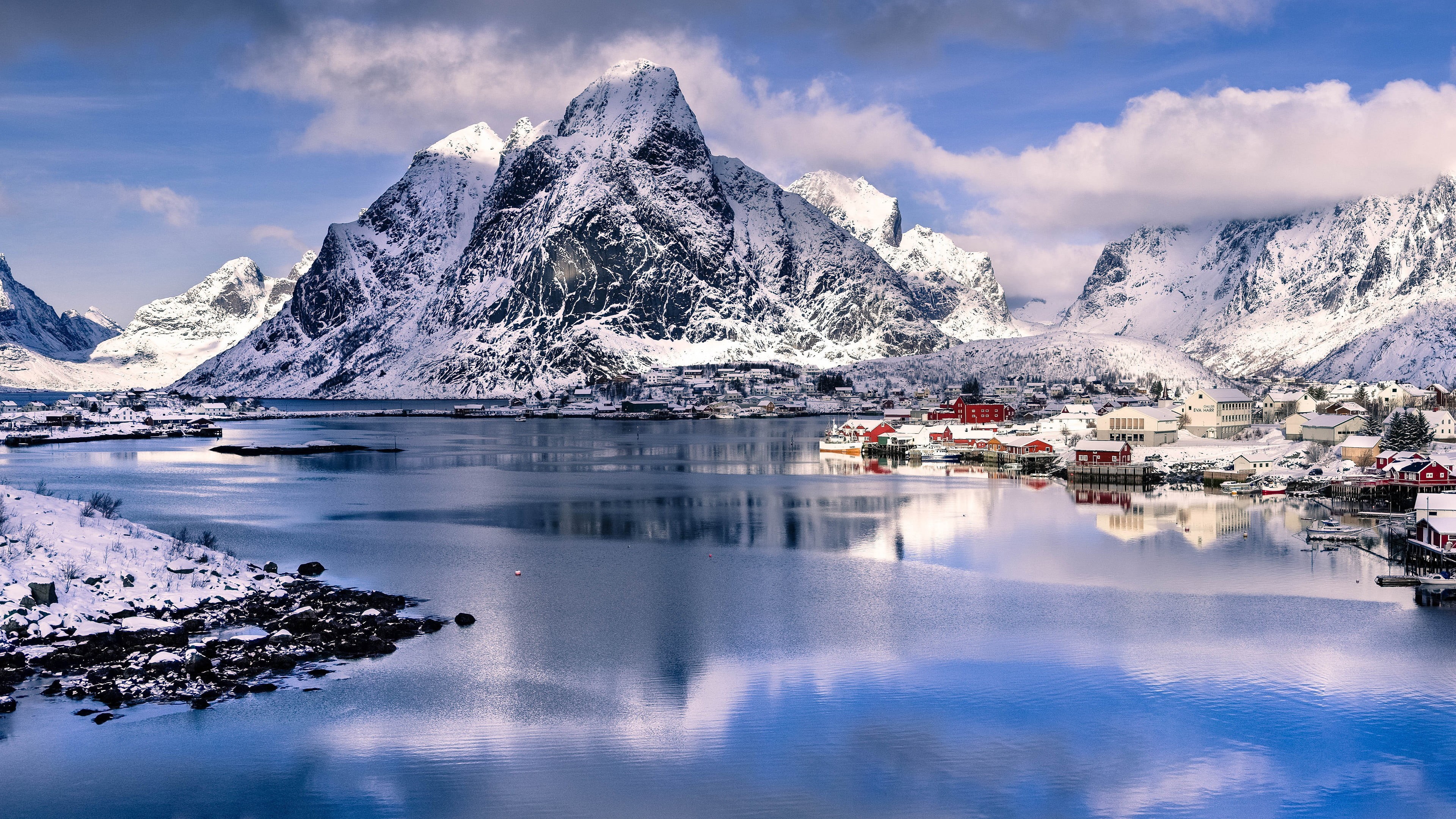 beauty In Nature, cold temperature, europe, lagoon, panoramic, blue, travel, scenics, reflection, landscape, 4K, tree, ice, famous Place, mountain Range, HD Wallpaper