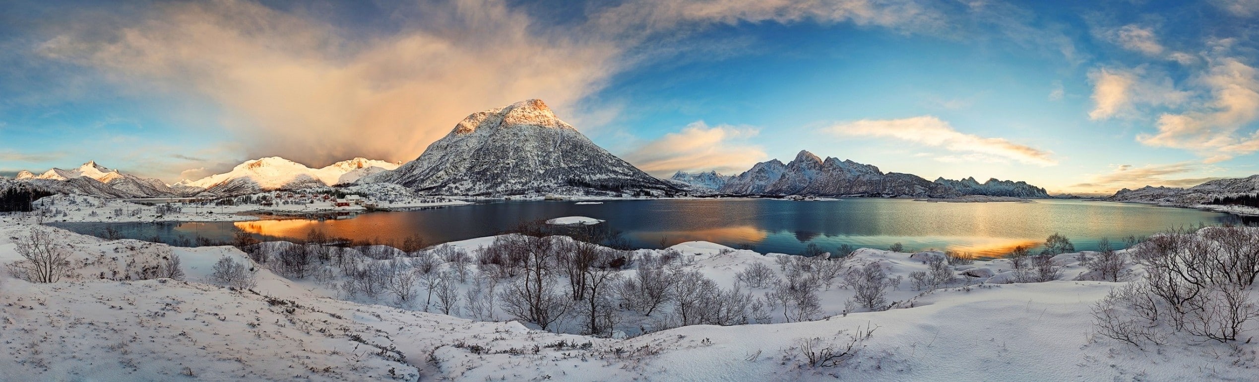 snow, villages, reflection, panoramas, mountain, winter, Norway, cold temperature, fjord, mountain peak, sunset, sky, Lofoten, ice, no people, 1080P, scenics - nature, HD Wallpaper