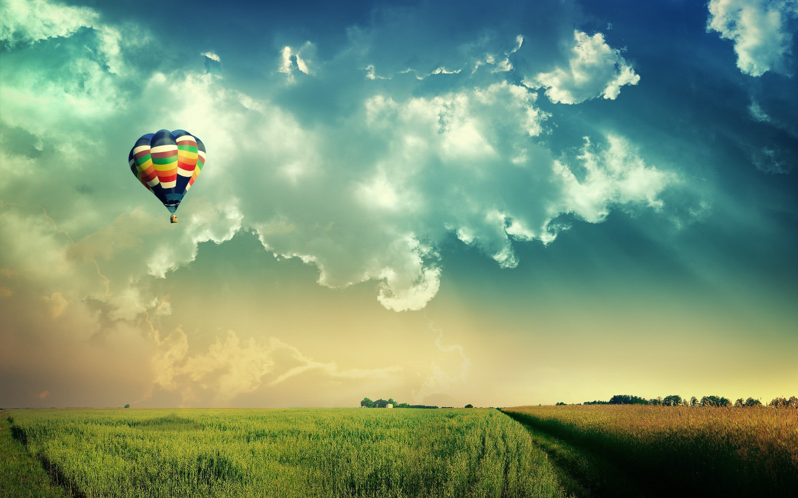 hot air balloon, parachute, clouds, multicolored, environment, cloud - sky, plant, balloon, agriculture, beauty in nature, air, hot air balloons, field, HD Wallpaper