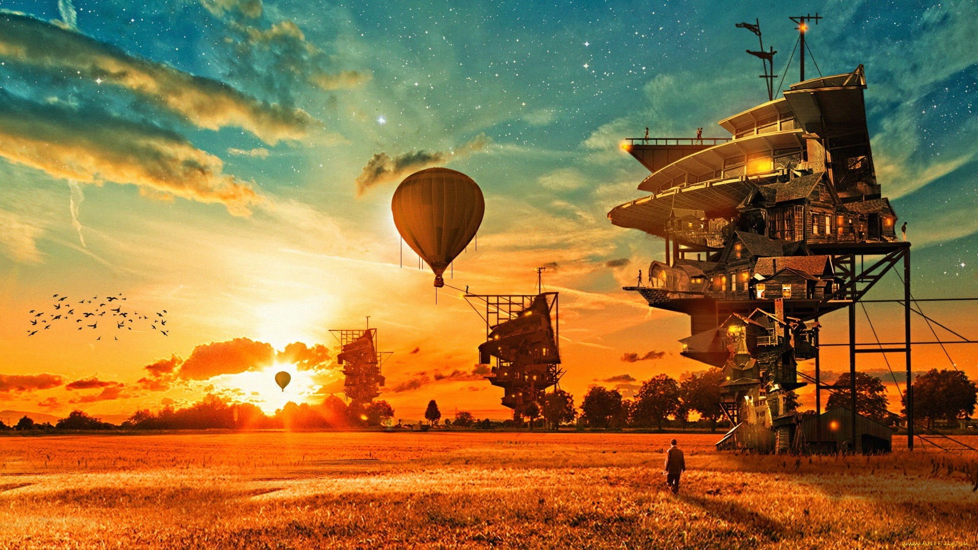 scenics - nature, flying, steampunk, digital composite, hot, architecture, environment, hot air balloons, sunset, sky, air, hot air balloon, HD Wallpaper