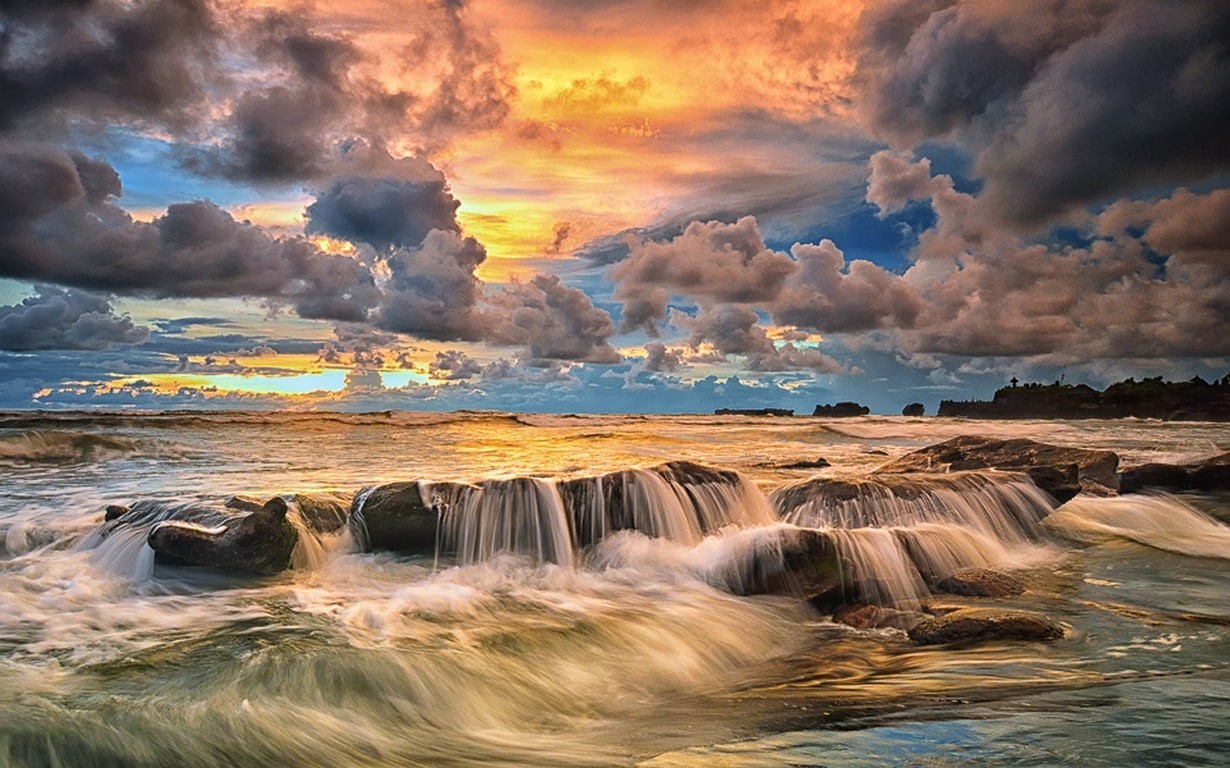 Indonesia, beauty in nature, water, environment, idyllic, motion, land, travel destinations, rock - object, sky, cloud - sky, Bali, flowing water, no people, HD Wallpaper