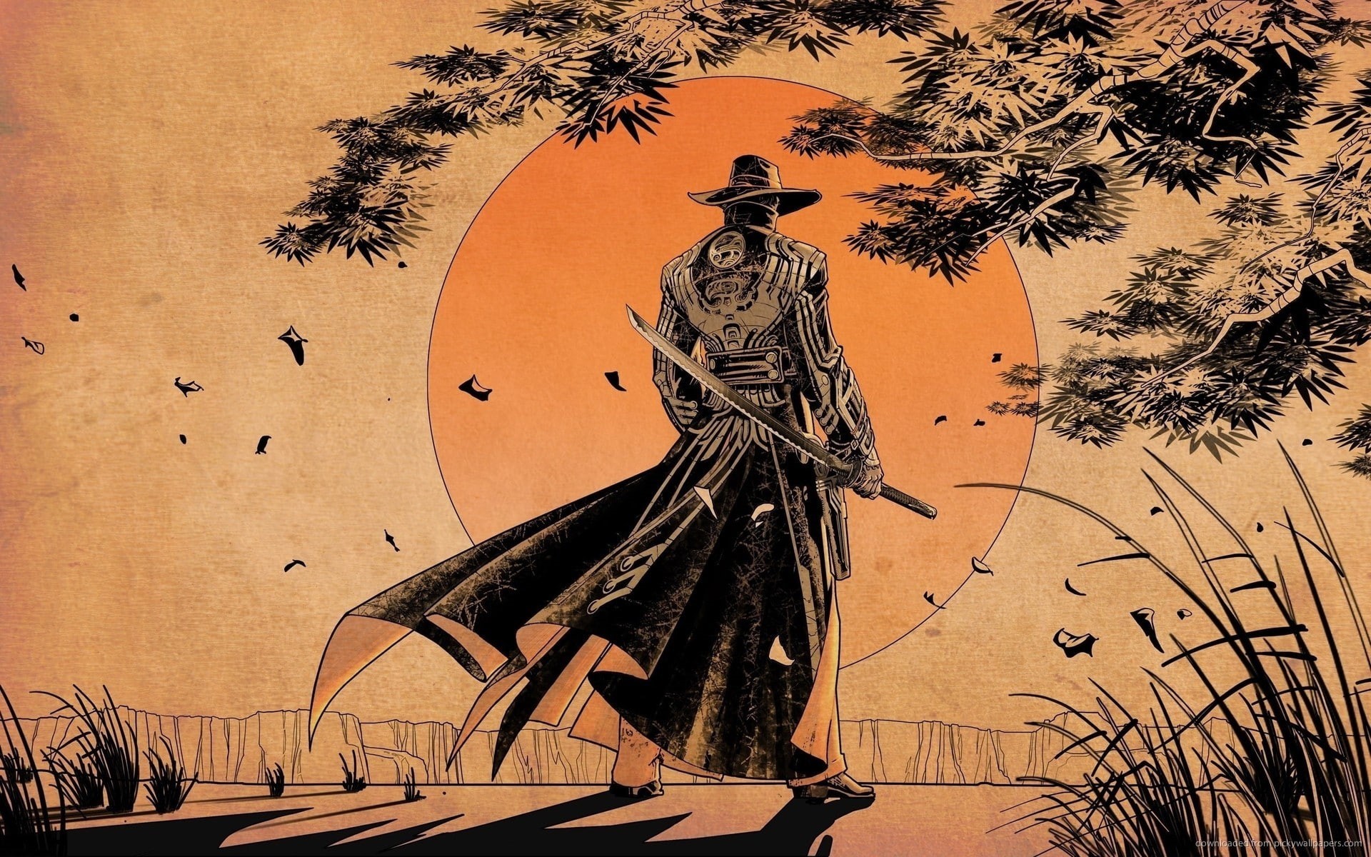 nature, katana, 1080P, hat, coats, trees, cliff, artwork, leaves, windy, Sun, rear view, samurai, shadow, digital art, men, drawing, grass, HD Wallpaper