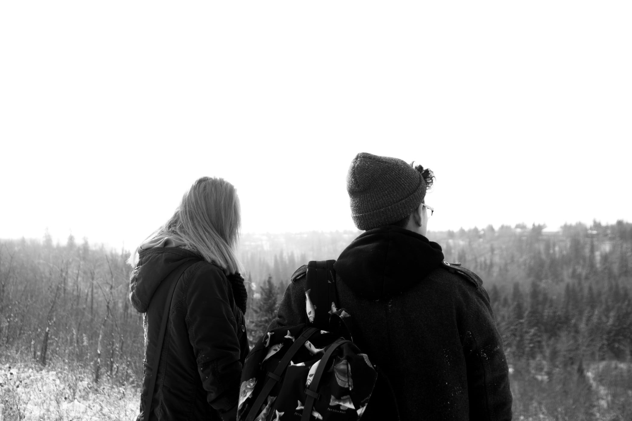 cold, bonding, friendship, warm clothing, clear sky, fields, toque, men, black and white, women, two people, plant, rear view, guy, land, grayscale, real people, HD Wallpaper