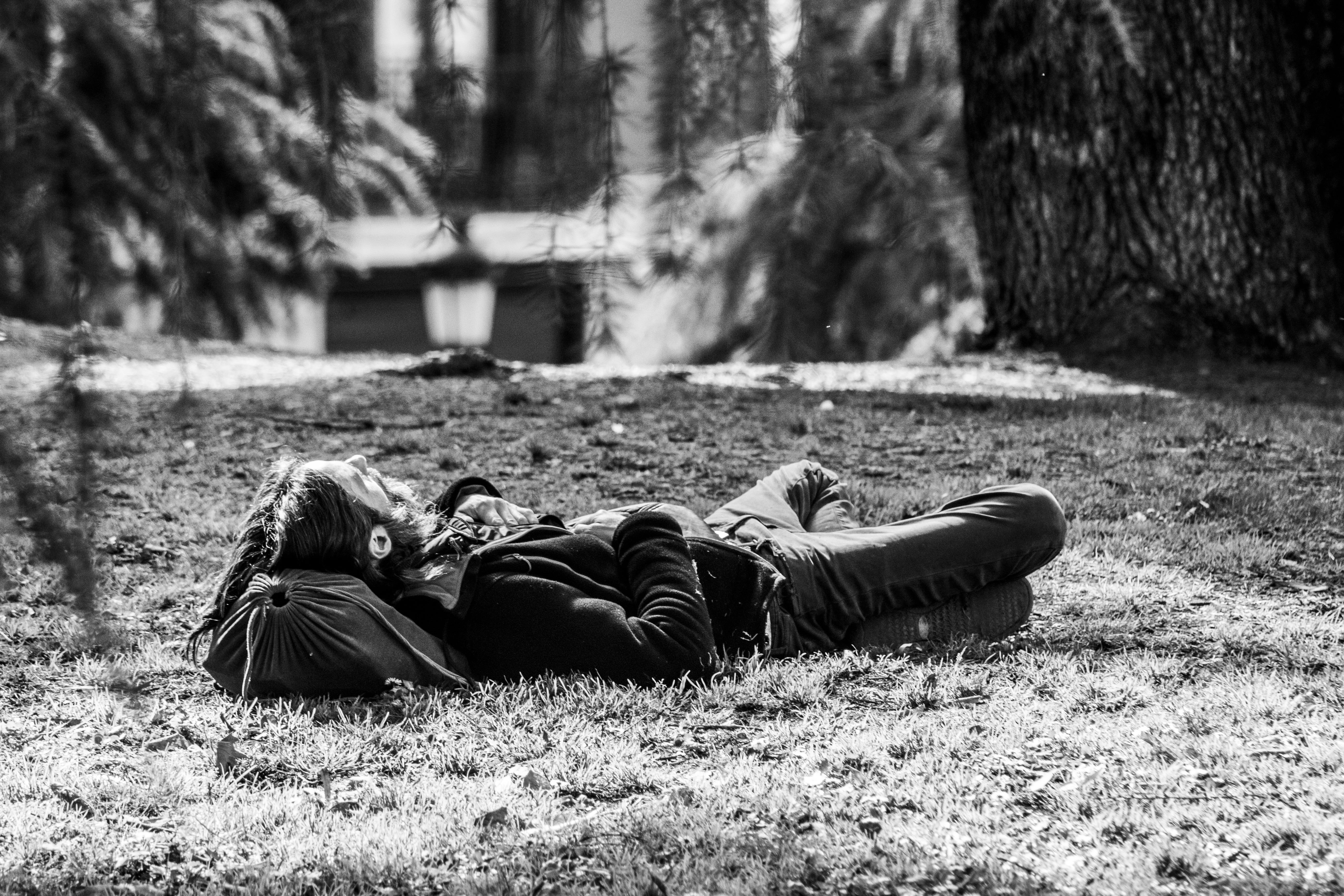 park, mindfulness, relaxation, man, sunbathing, black and white, positive emotion, lawn, indigent, asleep, women, landscapes, meditation, tree, 5K, shadows, HD Wallpaper