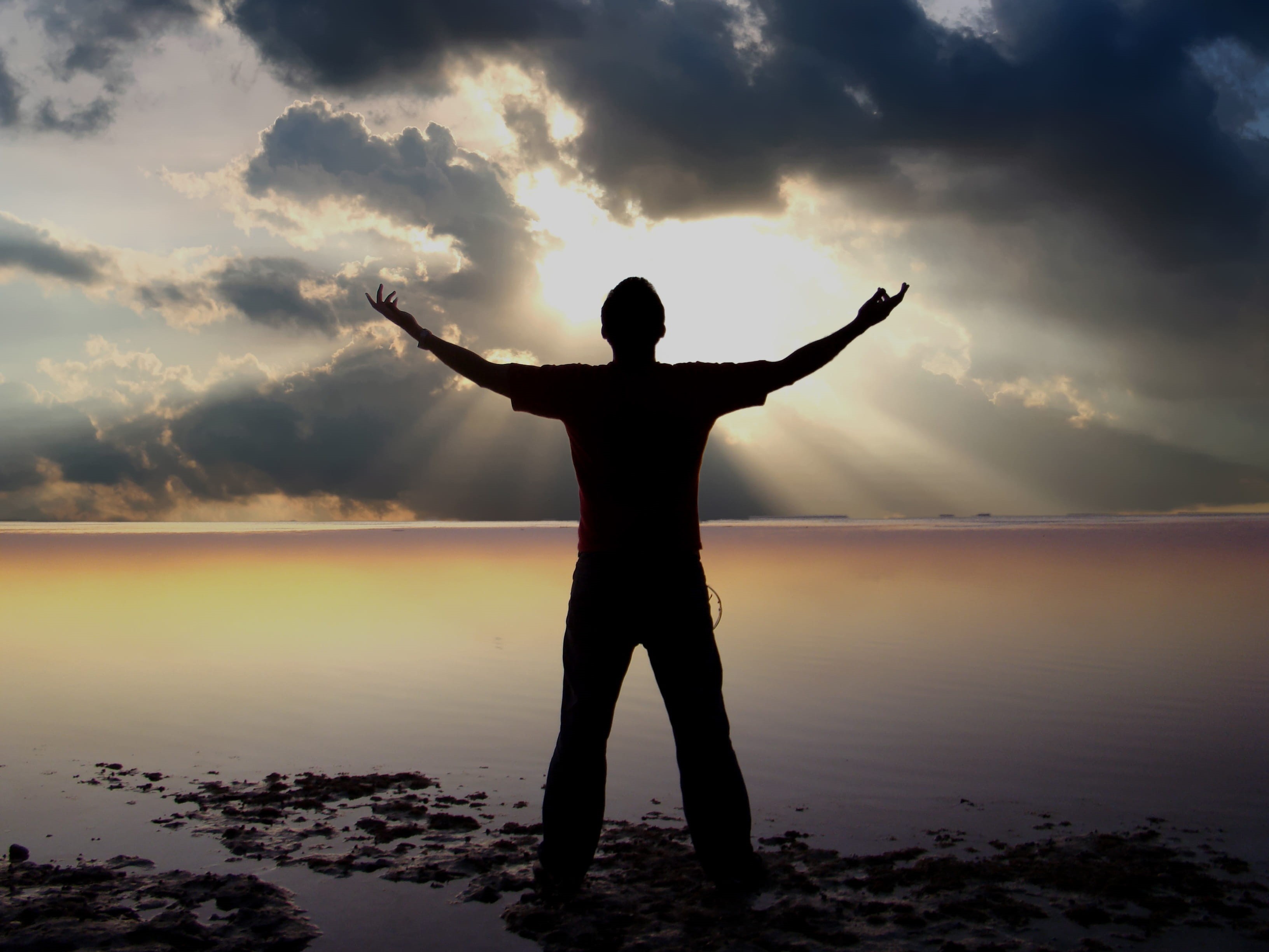 limb, lifestyles, religion, scenery, men, zen-like, standing, silhouette, human arm, real people, beauty in nature, spirituality, Rays, people, arms Outstretched, HD Wallpaper