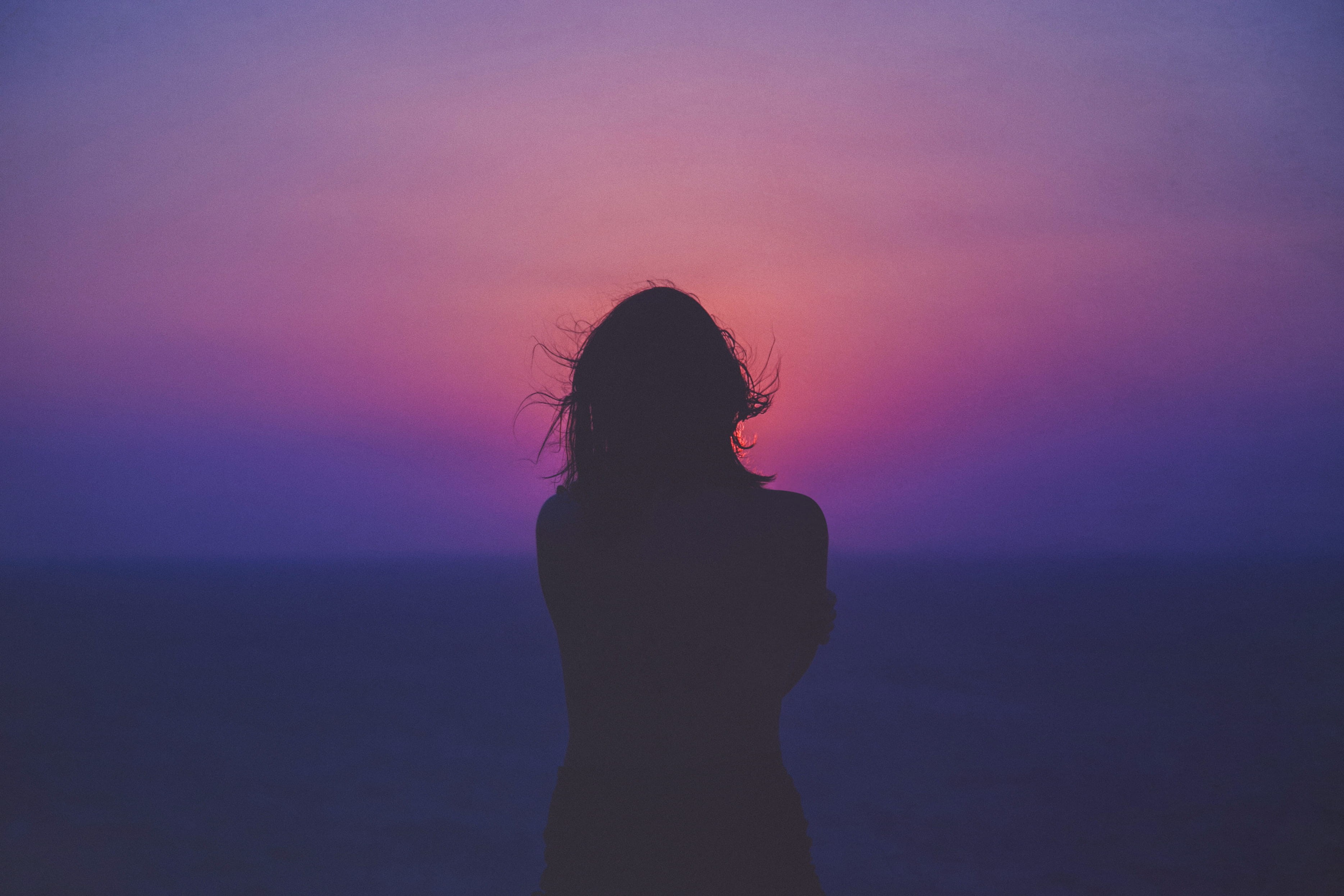 pink, sea, 2K, adult, sky, people, woman, sunset, standing, silhouette, horizon over water, three quarter length, scenics - nature, nature, tranquility, HD Wallpaper
