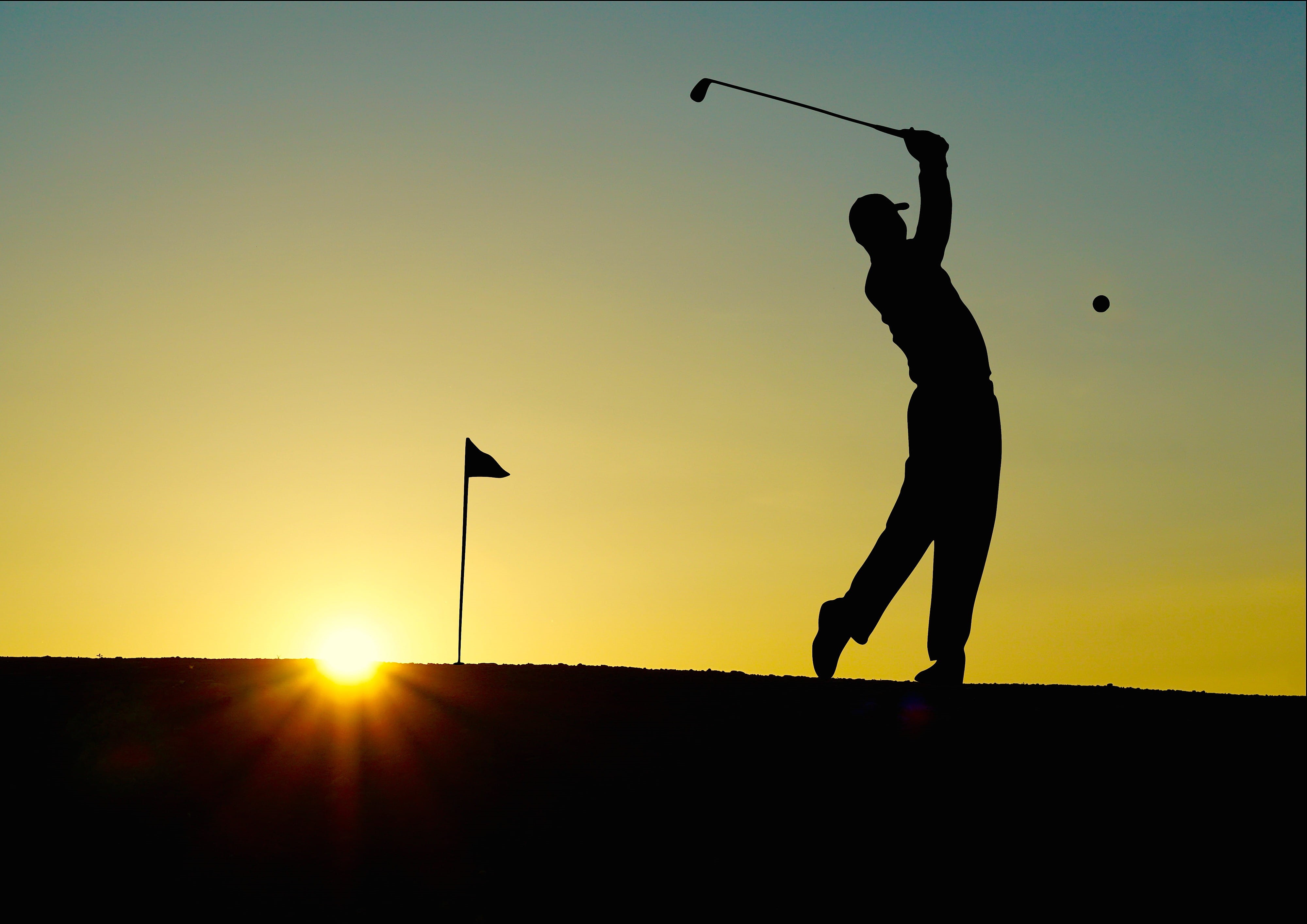 sky, sunlight, sunrise, outdoors, silhouette, hobby, standing, nature, golf, hitting, sport, 4K, leisure activity, player, skill, sunset, man, lens flare, HD Wallpaper