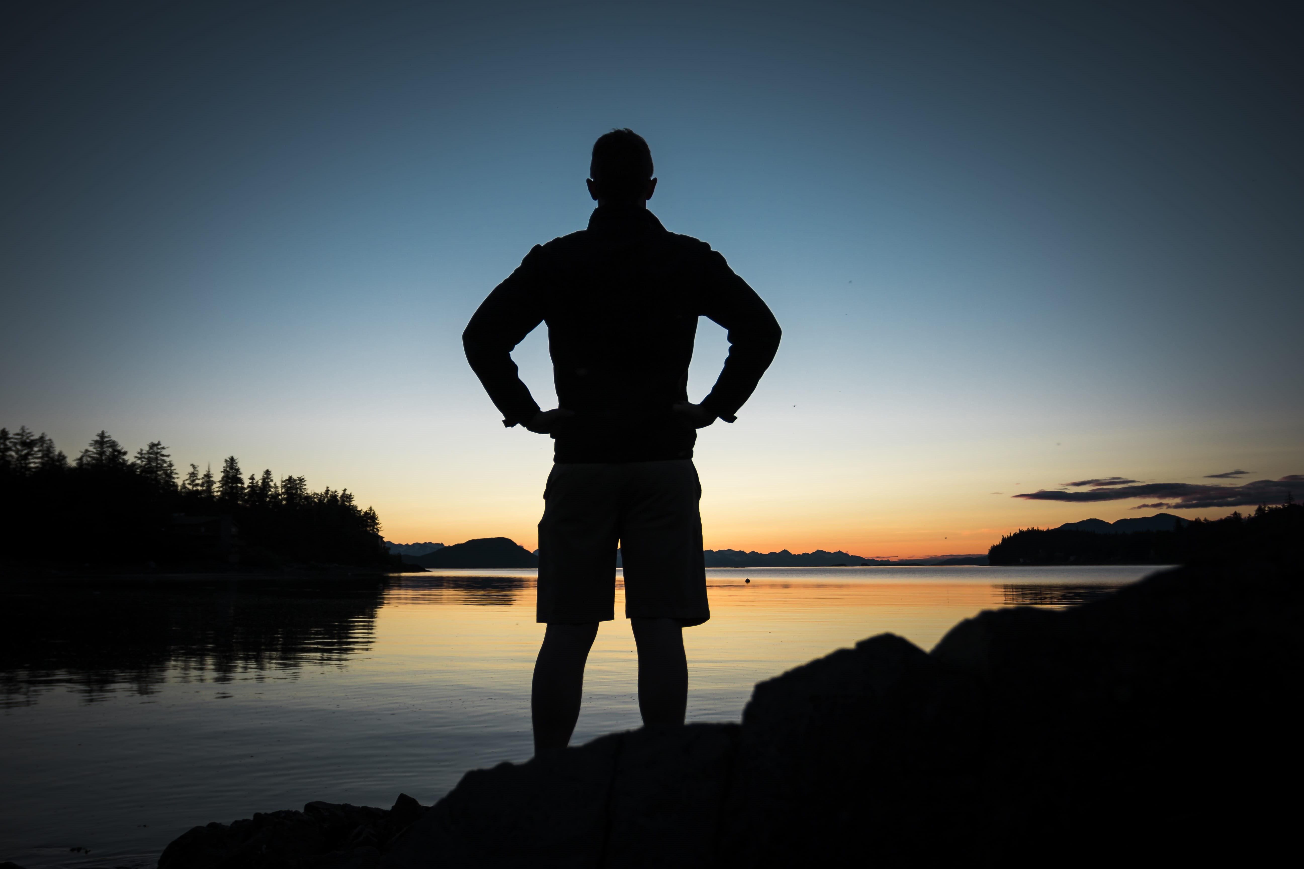 leisure activity, hour, golden, calm, people, back Lit, water, tranquil Scene, body, reflection, sky, nature, person, sunset, one Person, near, stone, beauty in nature, HD Wallpaper