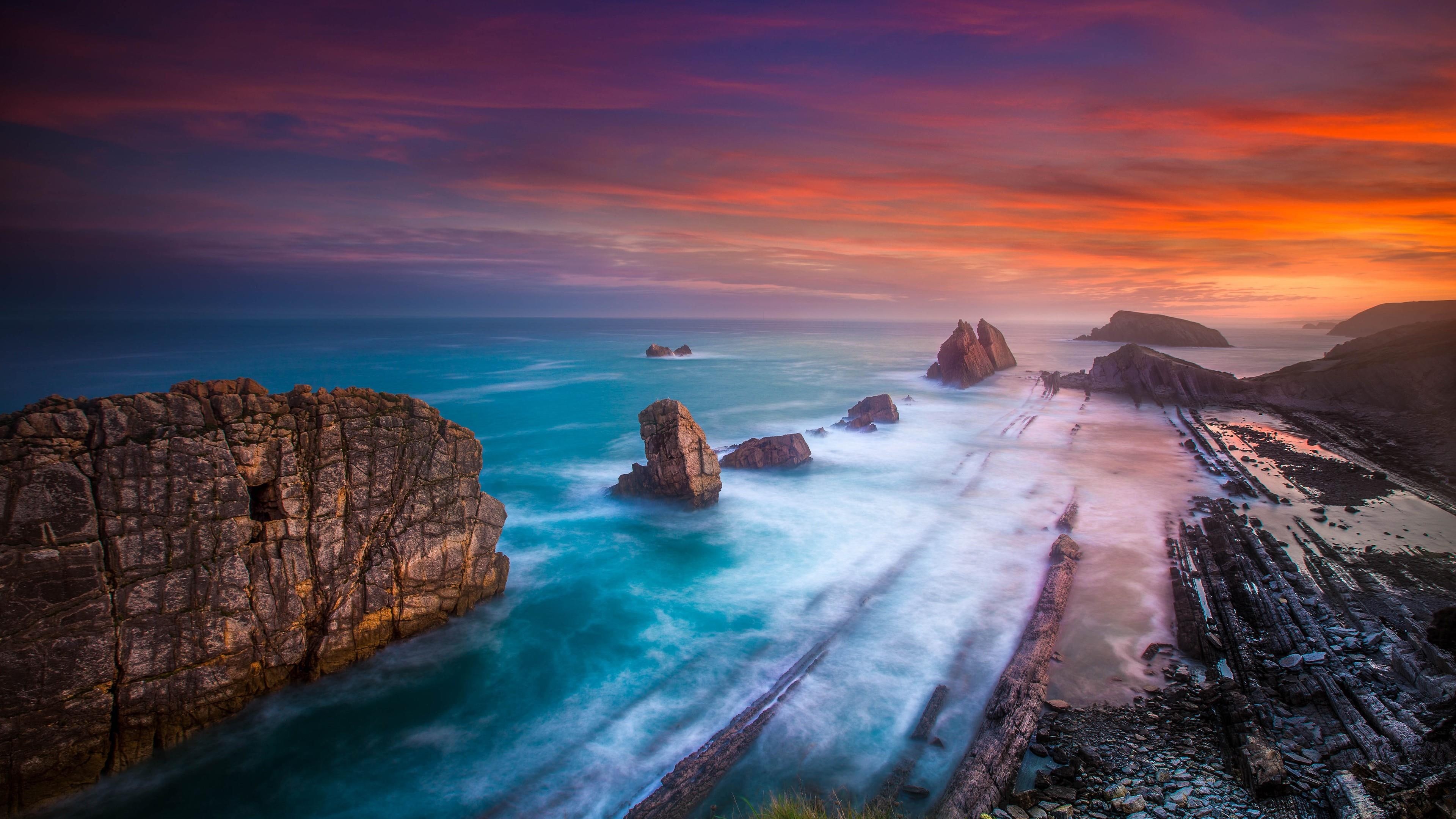 spain, sky, water, cantabria, playa de la arnia, coast, rock, ocean, sea, arnia beach, cliff, orange sky, 4K, orange clouds, shore, horizon, europe, beach, HD Wallpaper