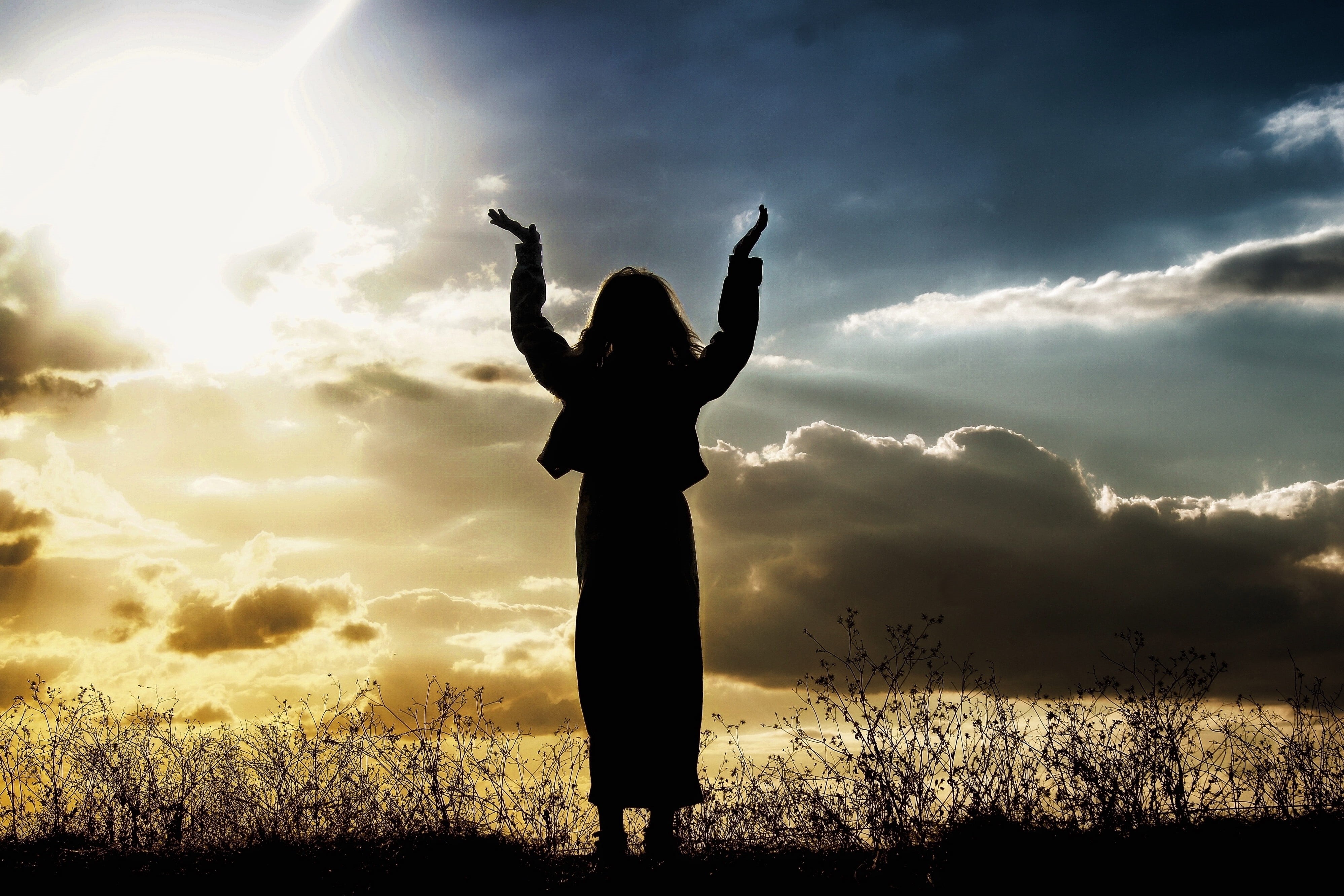 peace, leisure activity, land, arms raised, lifestyles, human limb, sky, field, spiritual, pray, person, nature, women, 4K, worship, grass, praying, woman, HD Wallpaper