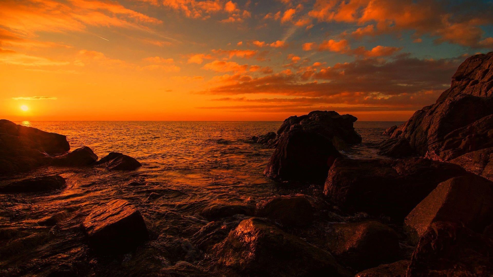 coast, no people, solid, afterglow, horizon over water, shore, sea, tranquility, dusk, water, waterscape, land, outdoors, ocean, idyllic, 1080P, cliff, HD Wallpaper