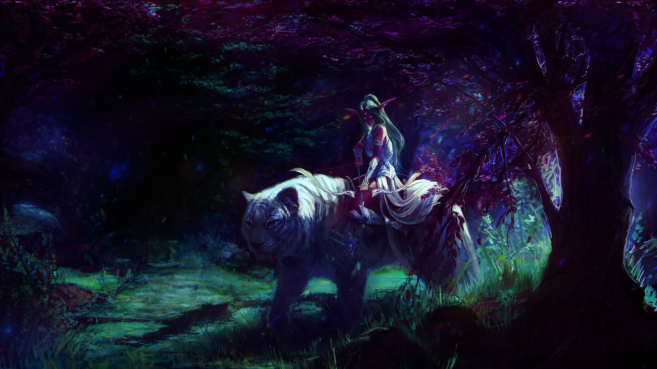 one person, mammal, tiger, forest, tree, Tyrande, land, outdoors, nature, young adult, real people, sitting, person, fantasy art, 1080P, illustration, HD Wallpaper