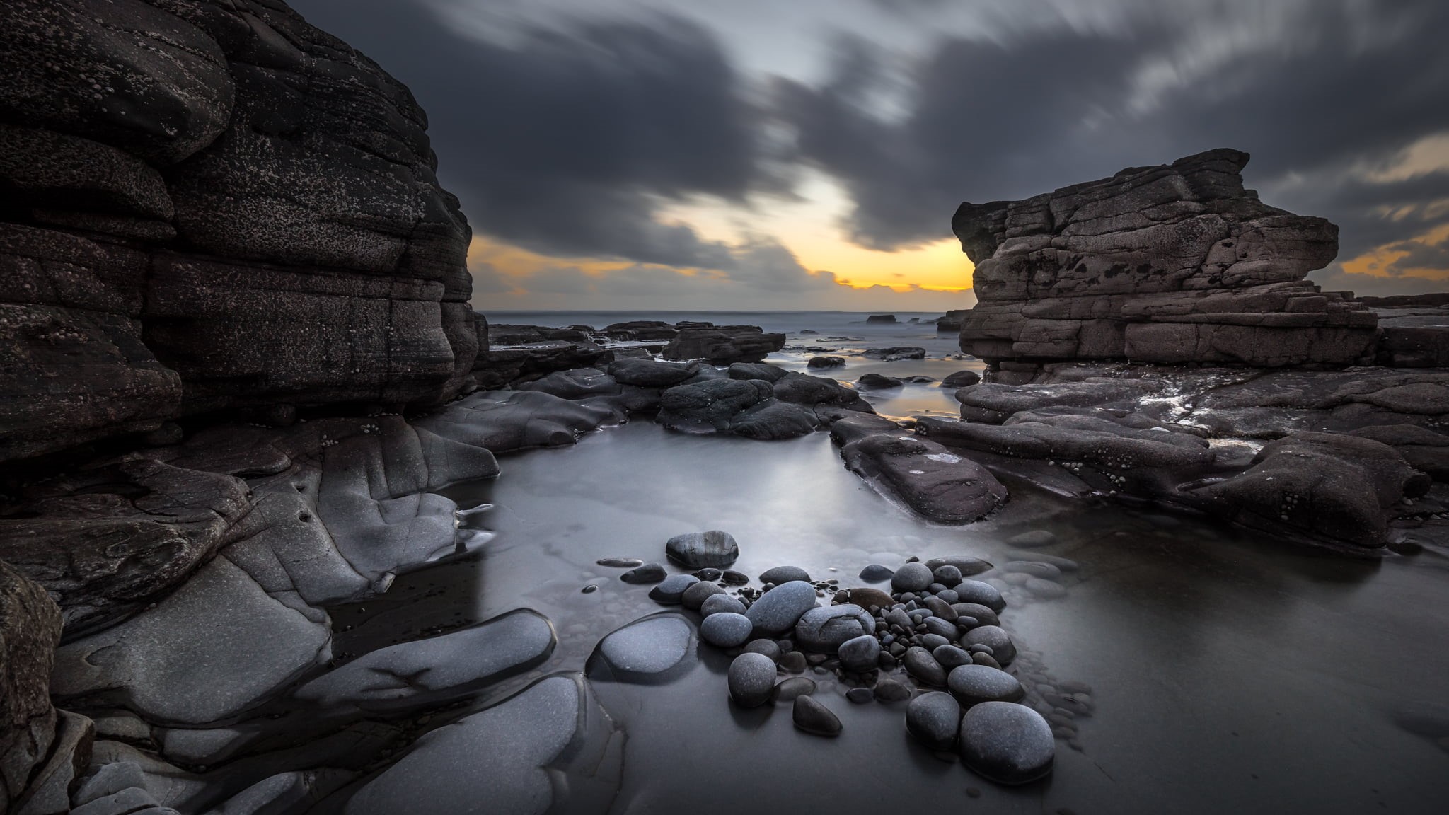 geotagged, sky  europe, clouds, coastline, stone, Seascape, fullframe, orange, blu, 1080P, Ireland, beside, IE, ultra, beach, body, photo, dusk, outdoors, HD Wallpaper
