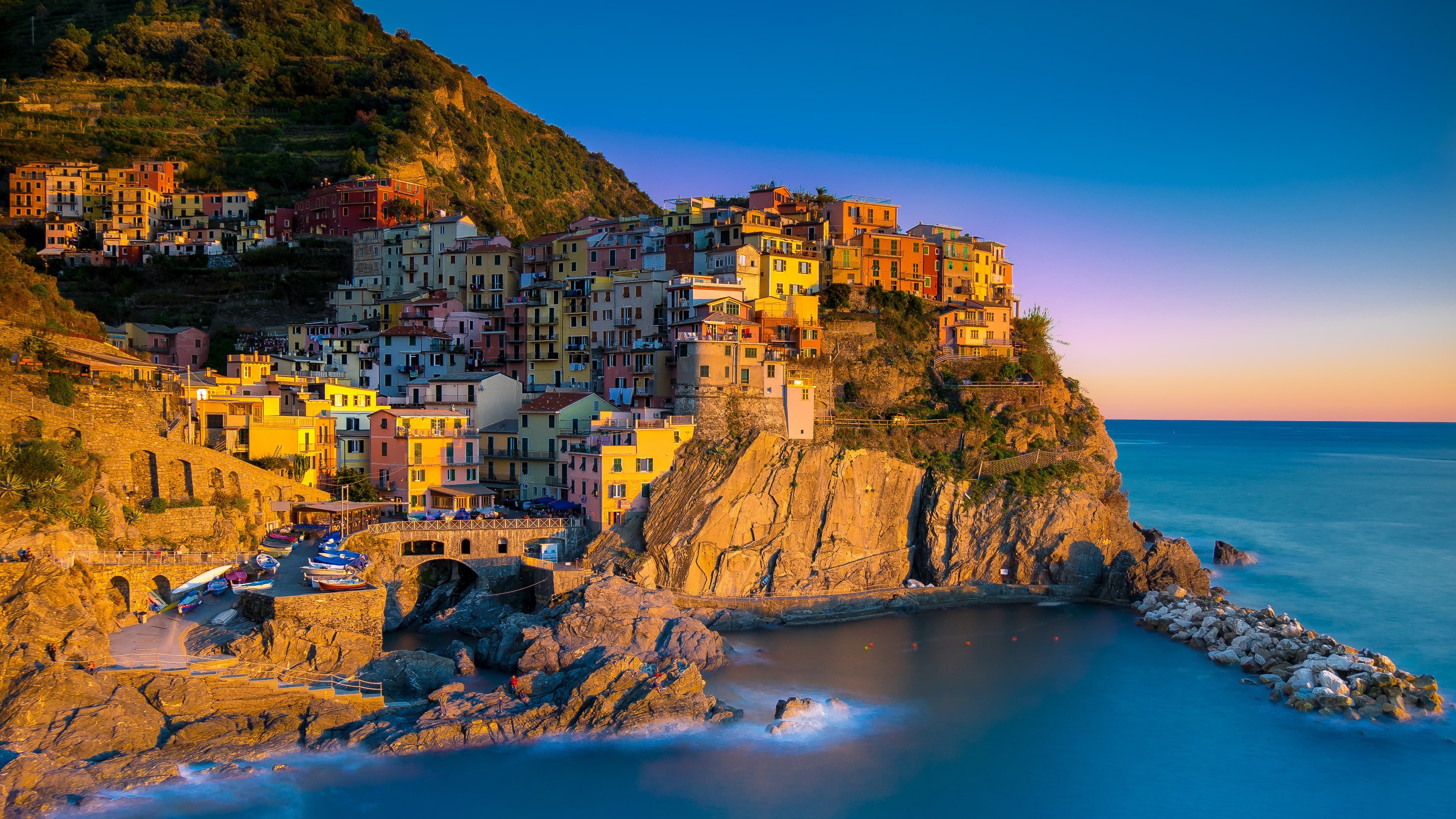 la spezia, cliff, liguria, italy, town, coast, 4K, europe, cinque terre, manarola, evening, HD Wallpaper