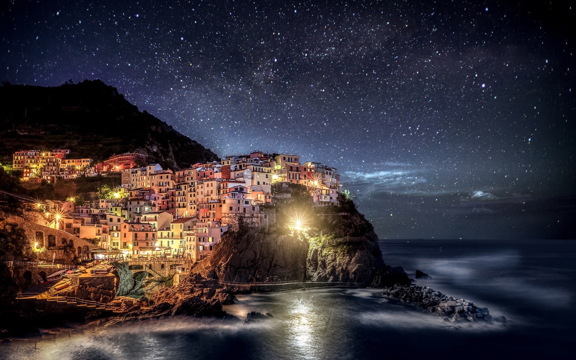 houses, 1080P, concrete, Lights, Italy, House, Manarola, Night, painting, Coast, cliff, Cinque, Liguria, Terre, HD Wallpaper