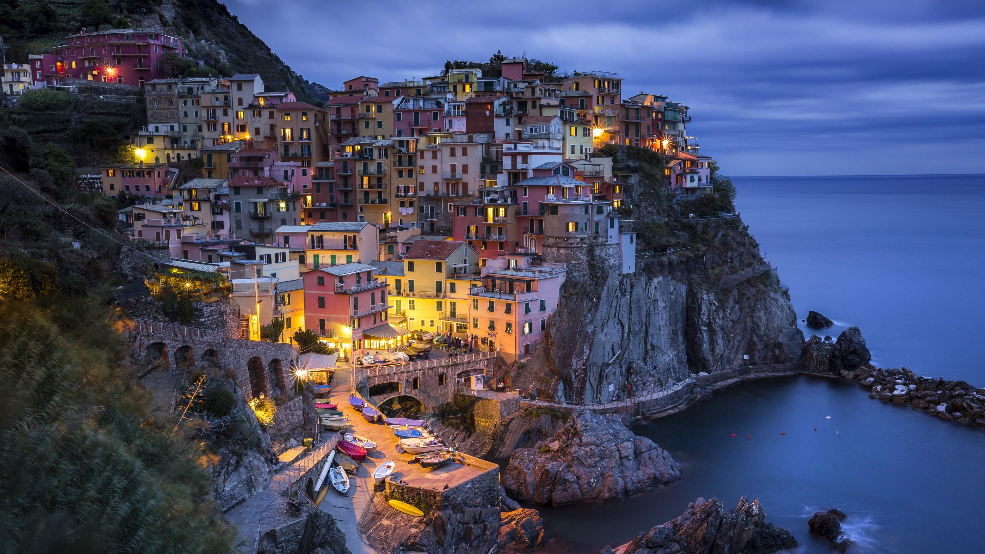 italy, cliff, coast, village, tourist attraction, night, sea, sky, cityscape, landscape, cinque terre, la spezia, tourism, liguria, manarola, europe, terrain, HD Wallpaper