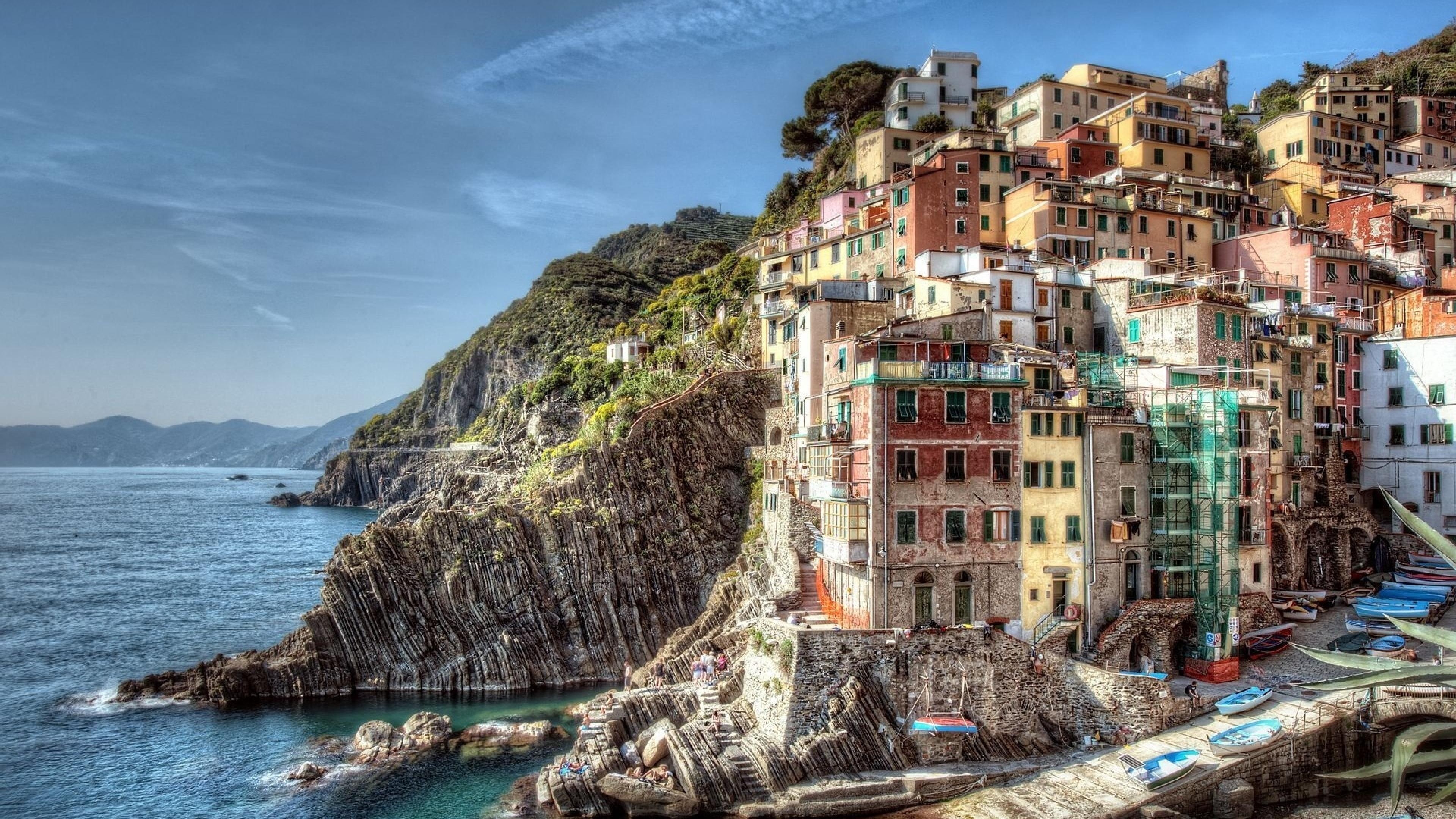 cliff, coast, 4K, coastline, buildings, liguria, rock, cinque terre, cliffside, riomaggiore, vacation, la spezia, town, europe, italy, HD Wallpaper