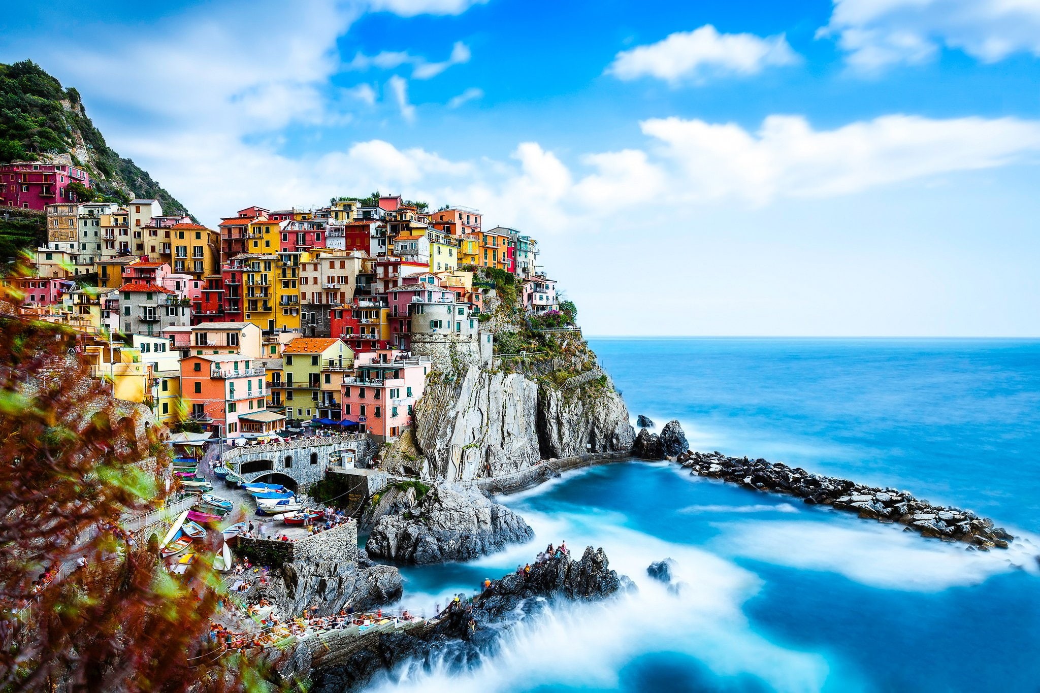 rocks, 1080P, italy, manarola, landscape, terre, building, coast, sea, ligurian, cinque, HD Wallpaper
