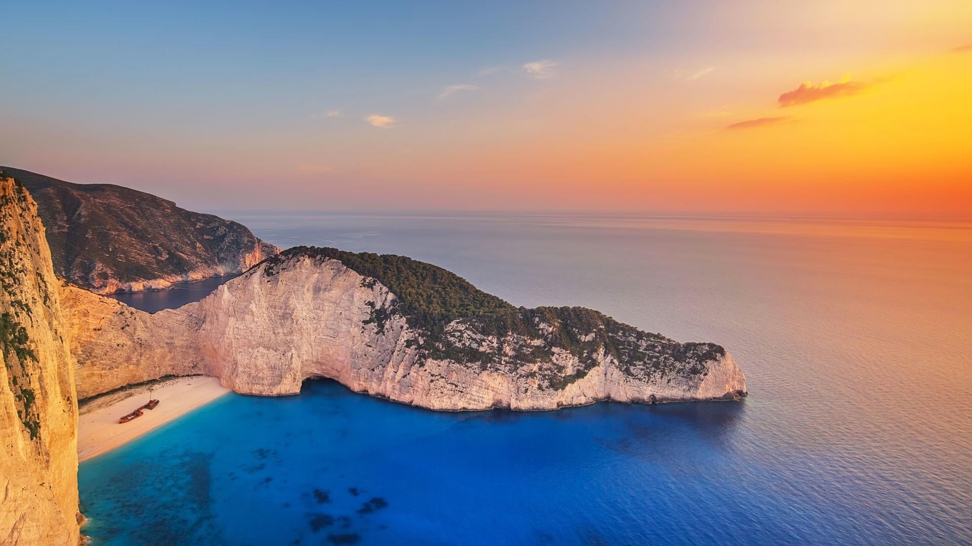 sky, horizon over water, europe, tranquility, rock, sea, horizon, solid, scenics - nature, navagio bay, 1080P, zakynthos, beach, nature, idyllic, sunset, HD Wallpaper
