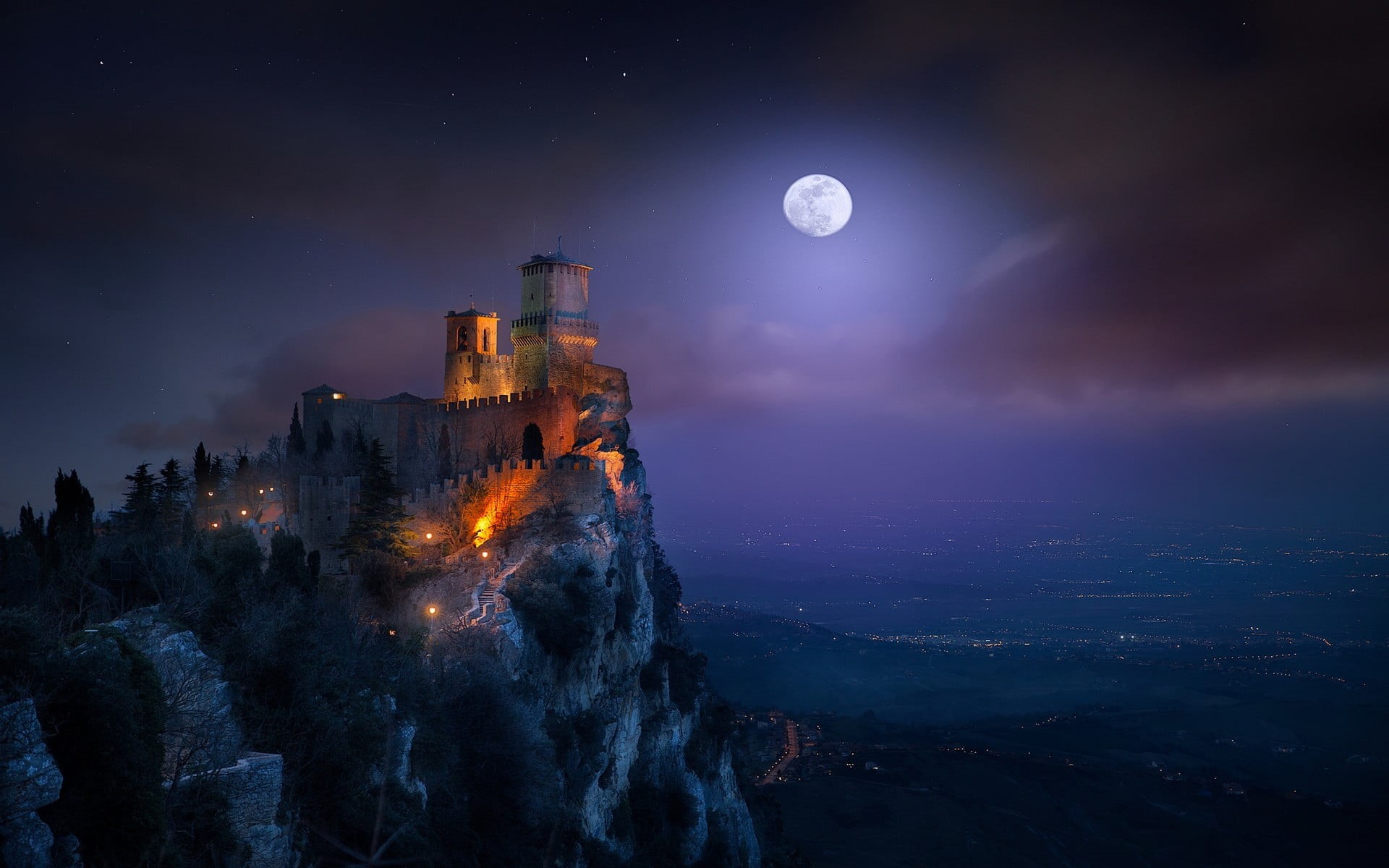 1080P, dusk, star - space, white, architecture, castle, night, no people, outdoors, sky, beauty in nature, illuminated, cityscape, full moon, lights, moonlight, HD Wallpaper