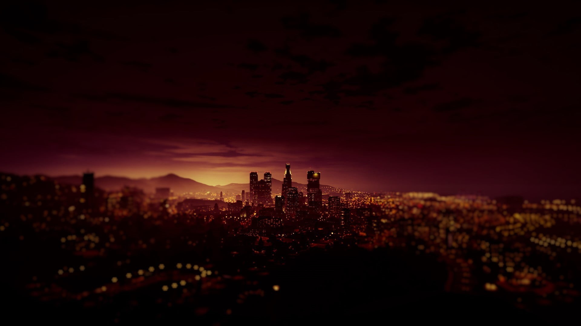 illuminated, building, pink, video games, cityscape, city, city life, architecture, landscape, Grand Theft Auto V, 1080P, built structure, cloud, outdoors, HD Wallpaper