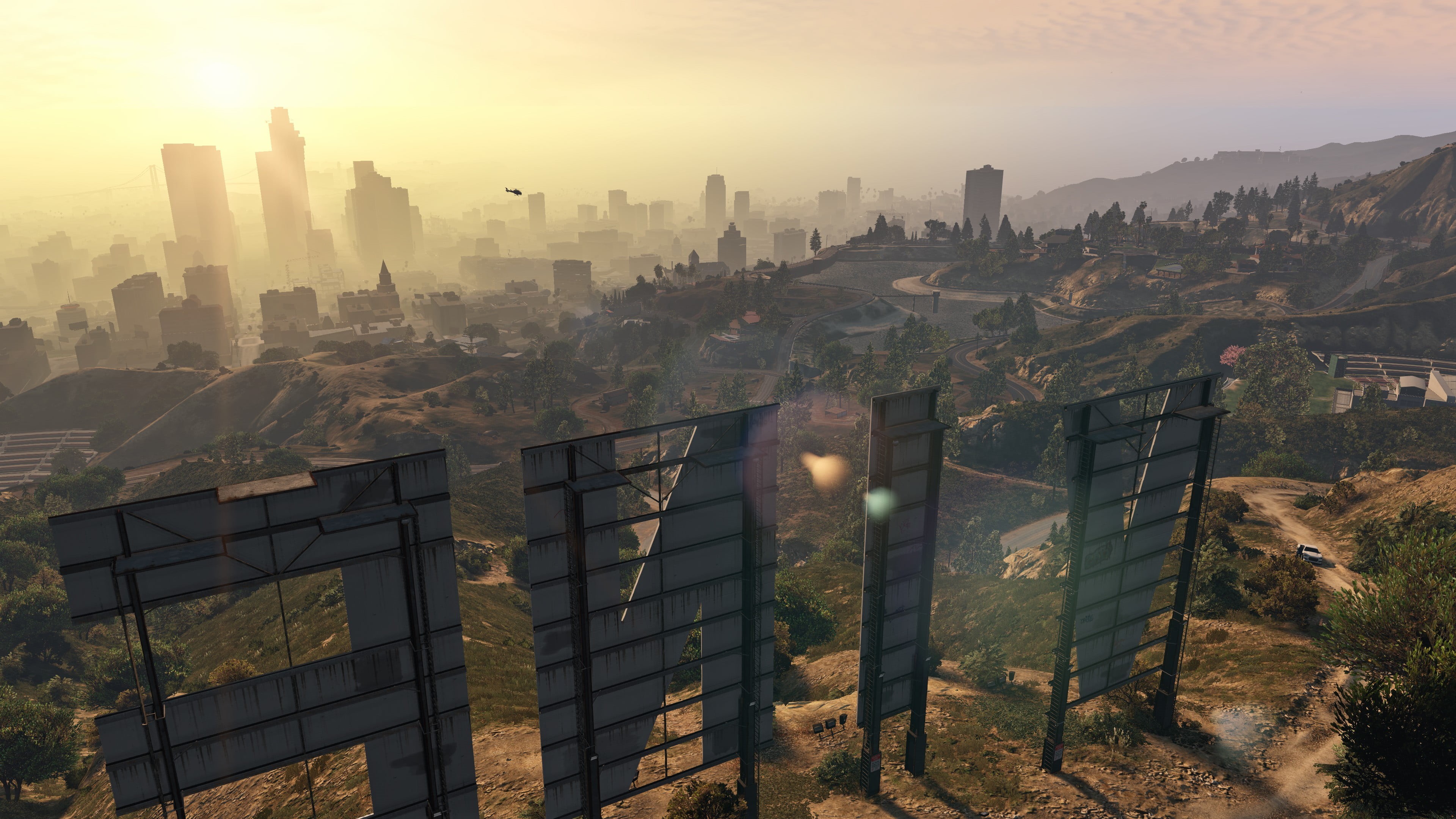 screen shot, urban Skyline, finance, hollywood, office building exterior, sky, video games, building Exterior, Grand Theft Auto, sunrise - Dawn, backgrounds, HD Wallpaper