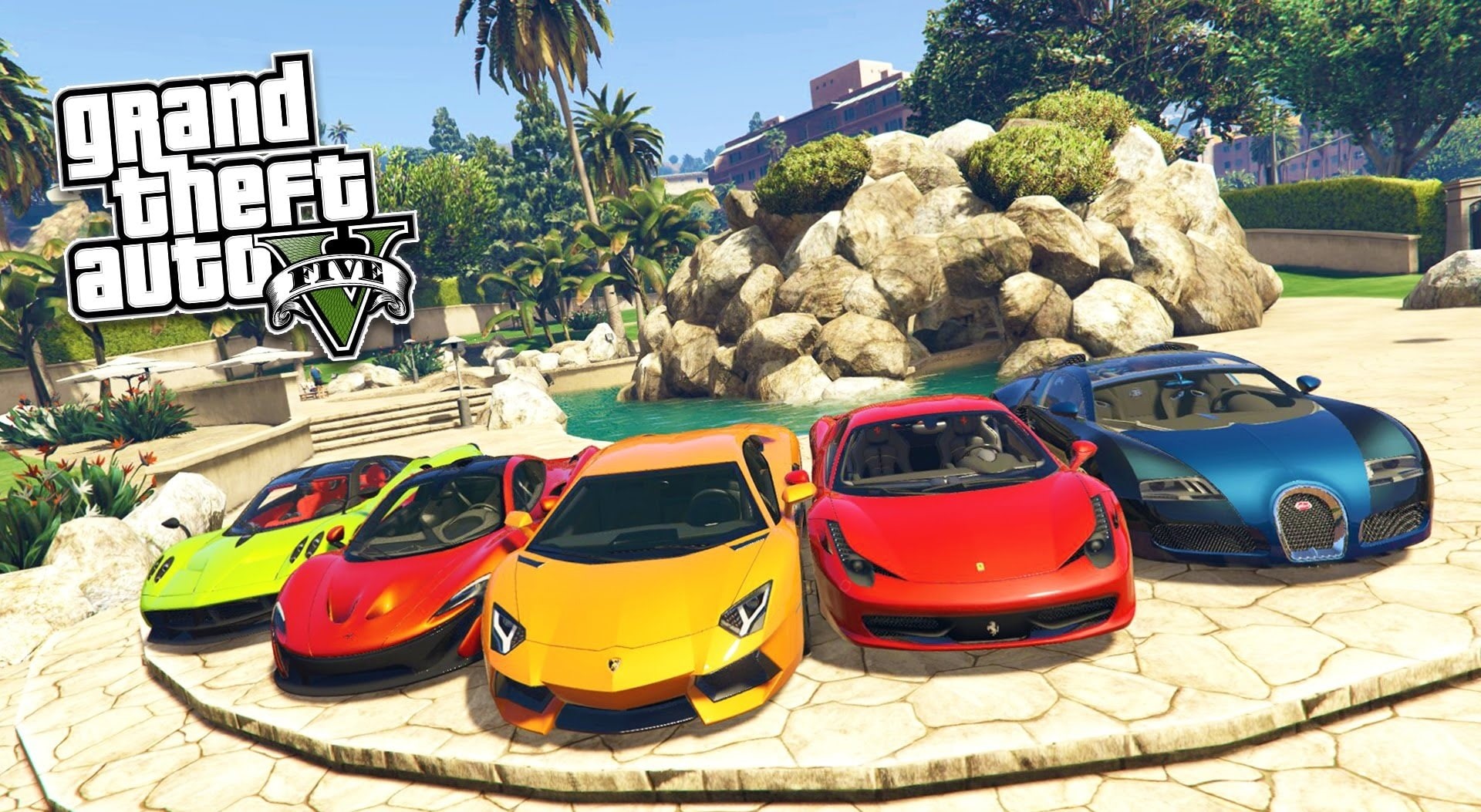 cars, v, rock, outdoors, game, land vehicle, tree, solid, Games, architecture, building exterior, 1080P, built structure, nature, gta, auto, sky, water, HD Wallpaper