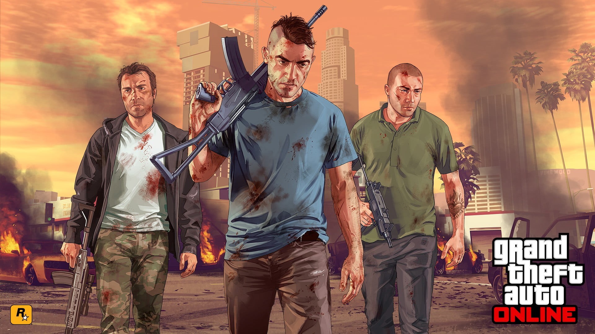 sunset, Grand Theft Auto V Online, emotion, Rockstar Games, government, friendship, burning, togetherness, online, standing, men, males, nature, HD Wallpaper
