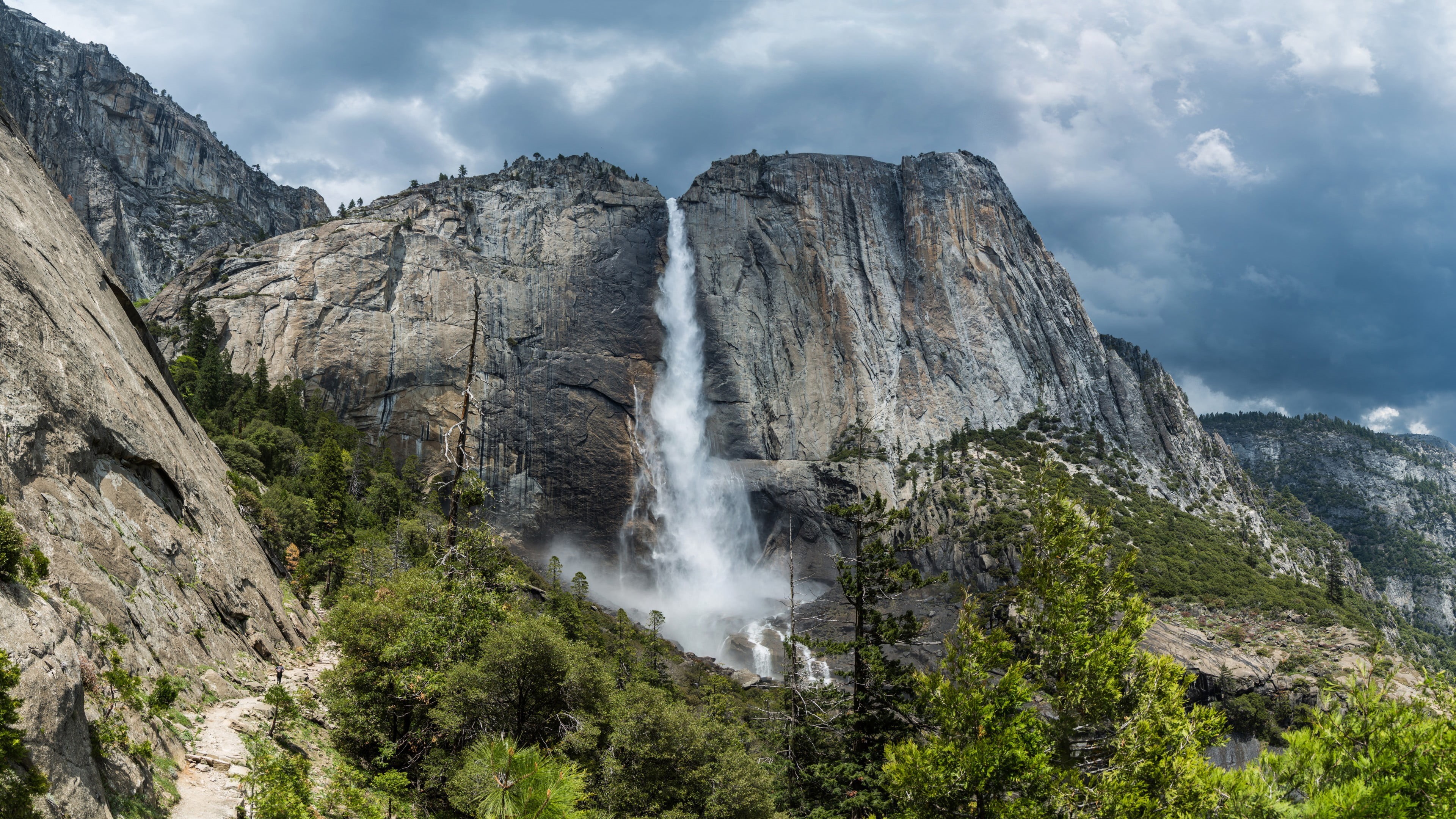 rock - object, waterfall, mountains, sky, nature, environment, mountain range, cliff, scenics - nature, mountain, travel destinations, 4K, non-urban scene, HD Wallpaper