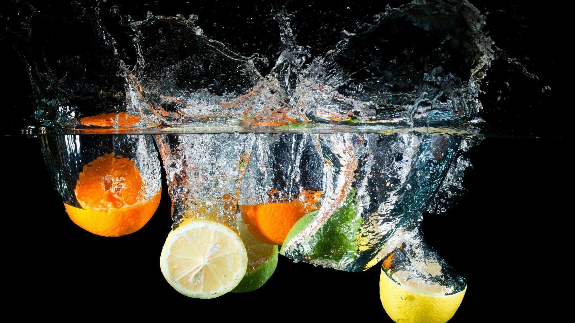 wellbeing, slice, splash, indoors, fruit, no people, orange color, orange, citrus fruit, close-up, water drops, cocktail, studio shot, food, food and drink, HD Wallpaper