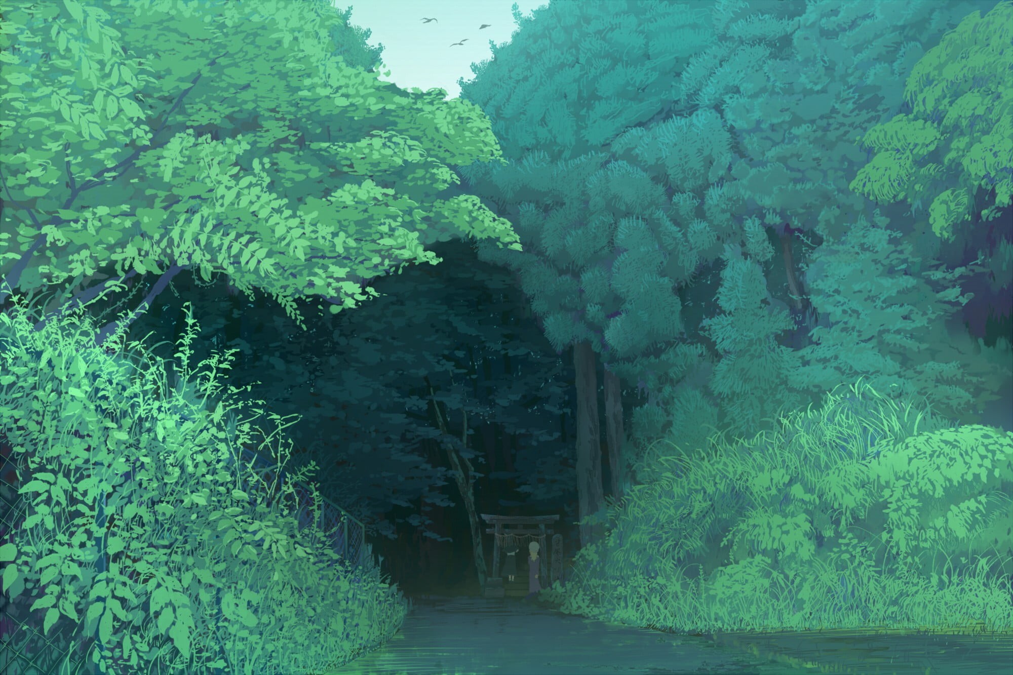 water, 1080P, land, tranquility, foliage, plant, architecture, built structure, outdoors, shrine, direction, growth, green, beauty in nature, anime, forest, HD Wallpaper