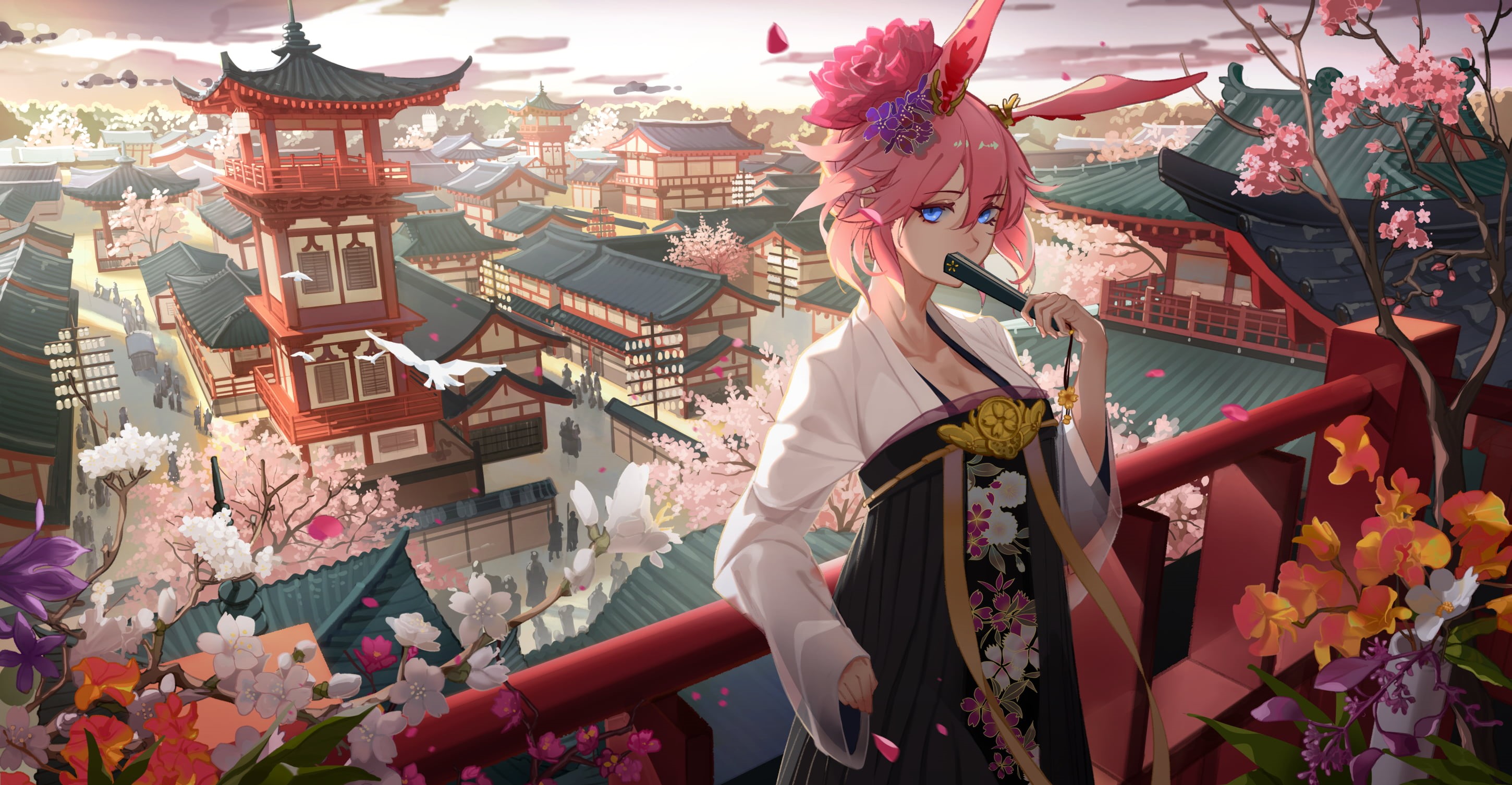 digital art, animal ears, blue eyes, drawing, Yae Sakura, illustration, video games, looking at viewer, anime, anime girls, Asian architecture, cherry blossom, HD Wallpaper