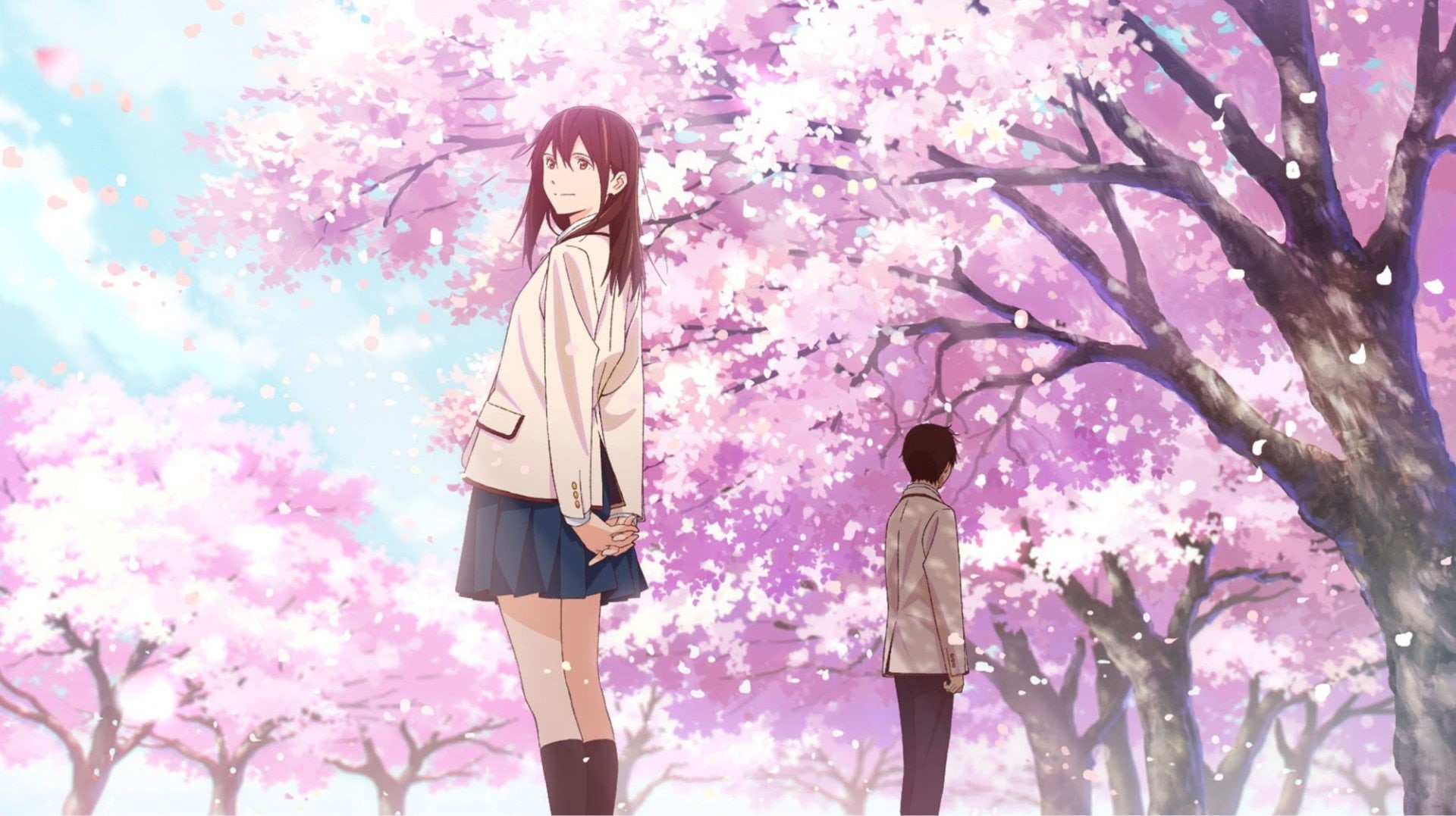 smiling, sakura yamauchi, haruki shiga, i want to eat your pancreas, 1080P, cherry blossom, school uniform, HD Wallpaper
